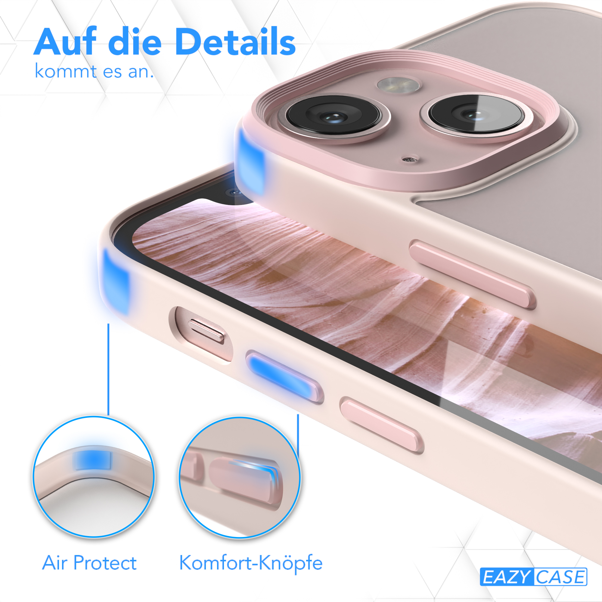Handyhülle mit rosa Akzenten. Text: Air Protect und Komfort-Knöpfe.