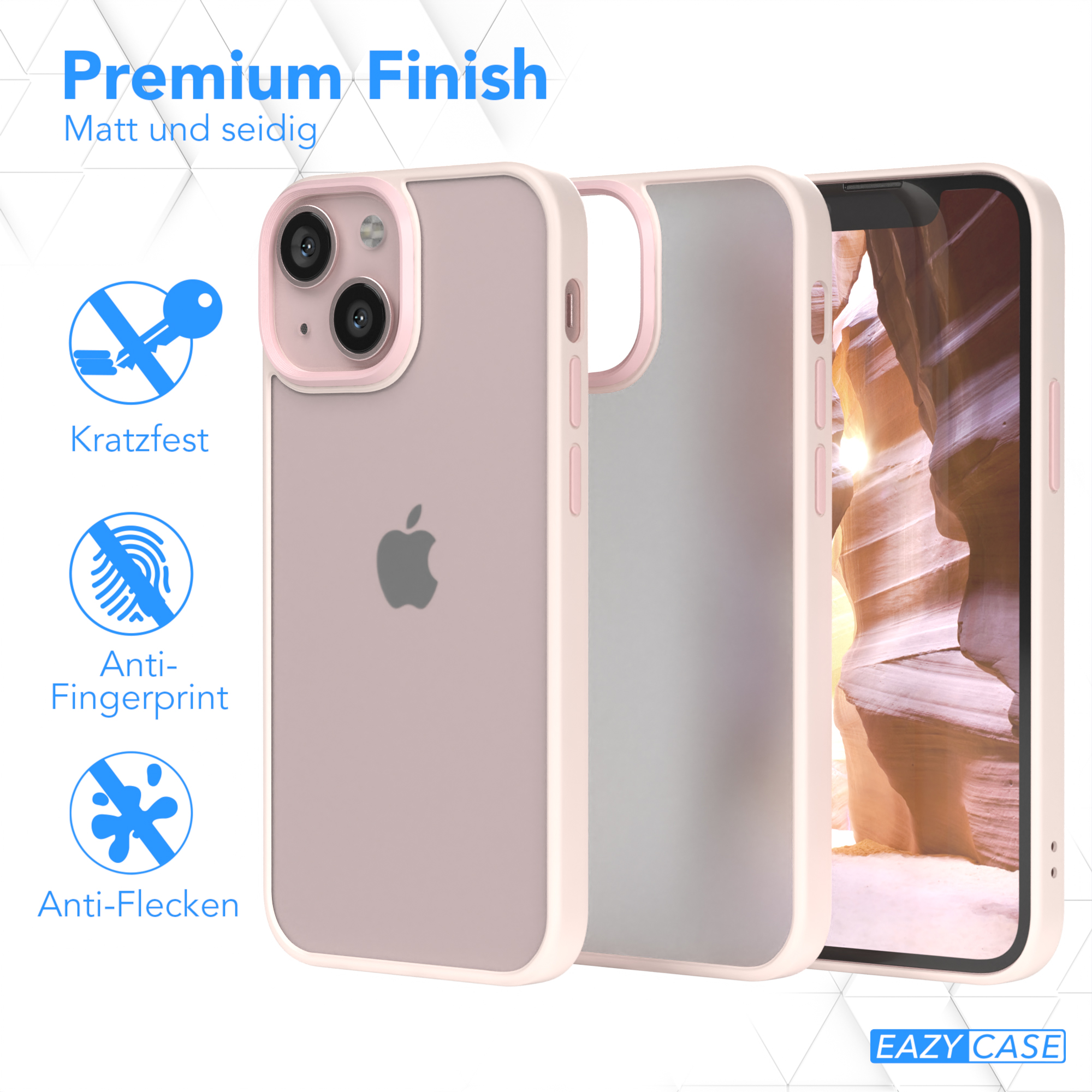Drei Handyhüllen. Rosa und transparente Hüllen. Text: Premium Finish. Kratzfest, Anti-Fingerprint und Anti-Flecken.