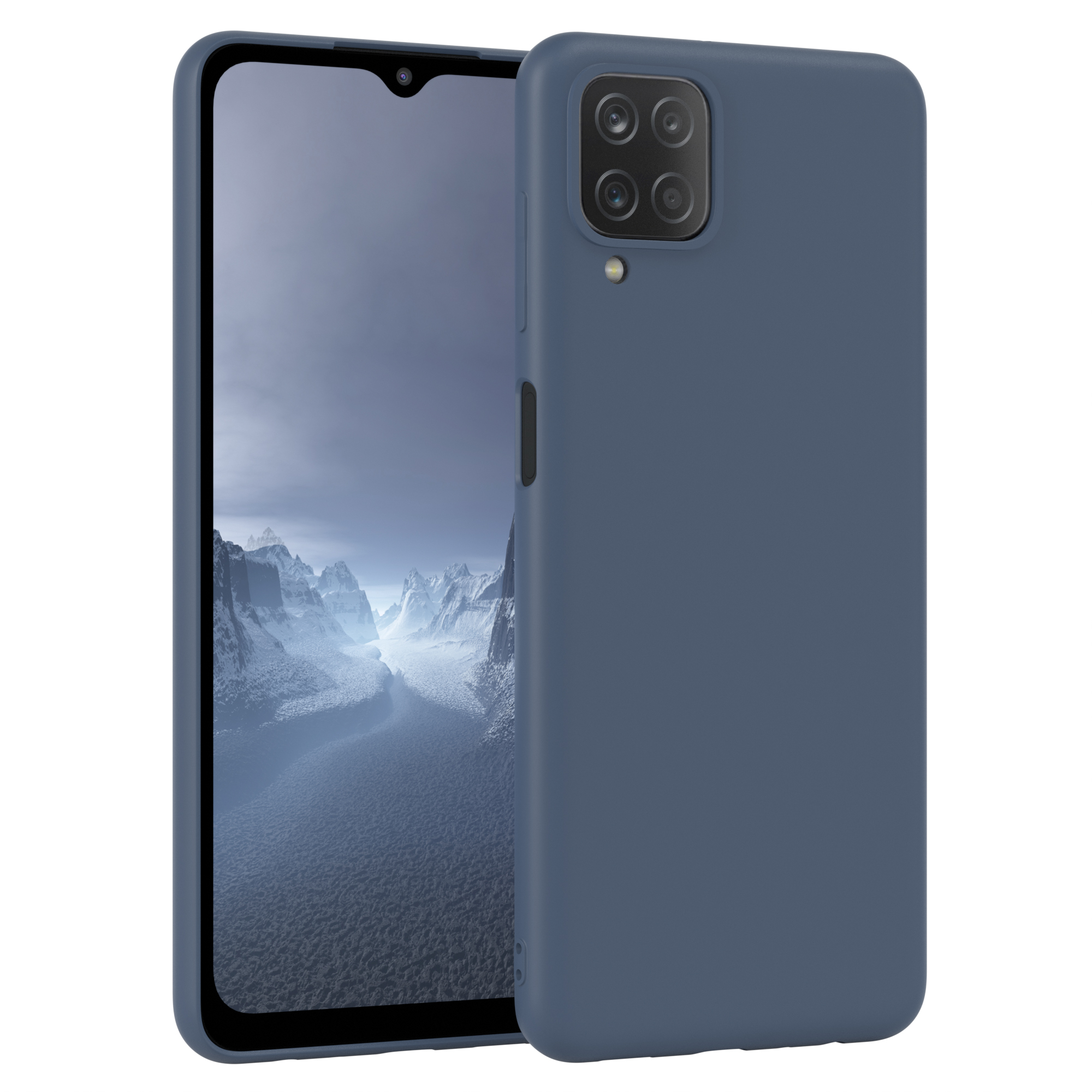 Blaues Telefon in einer Hülle mit einem Foto auf dem Bildschirm.