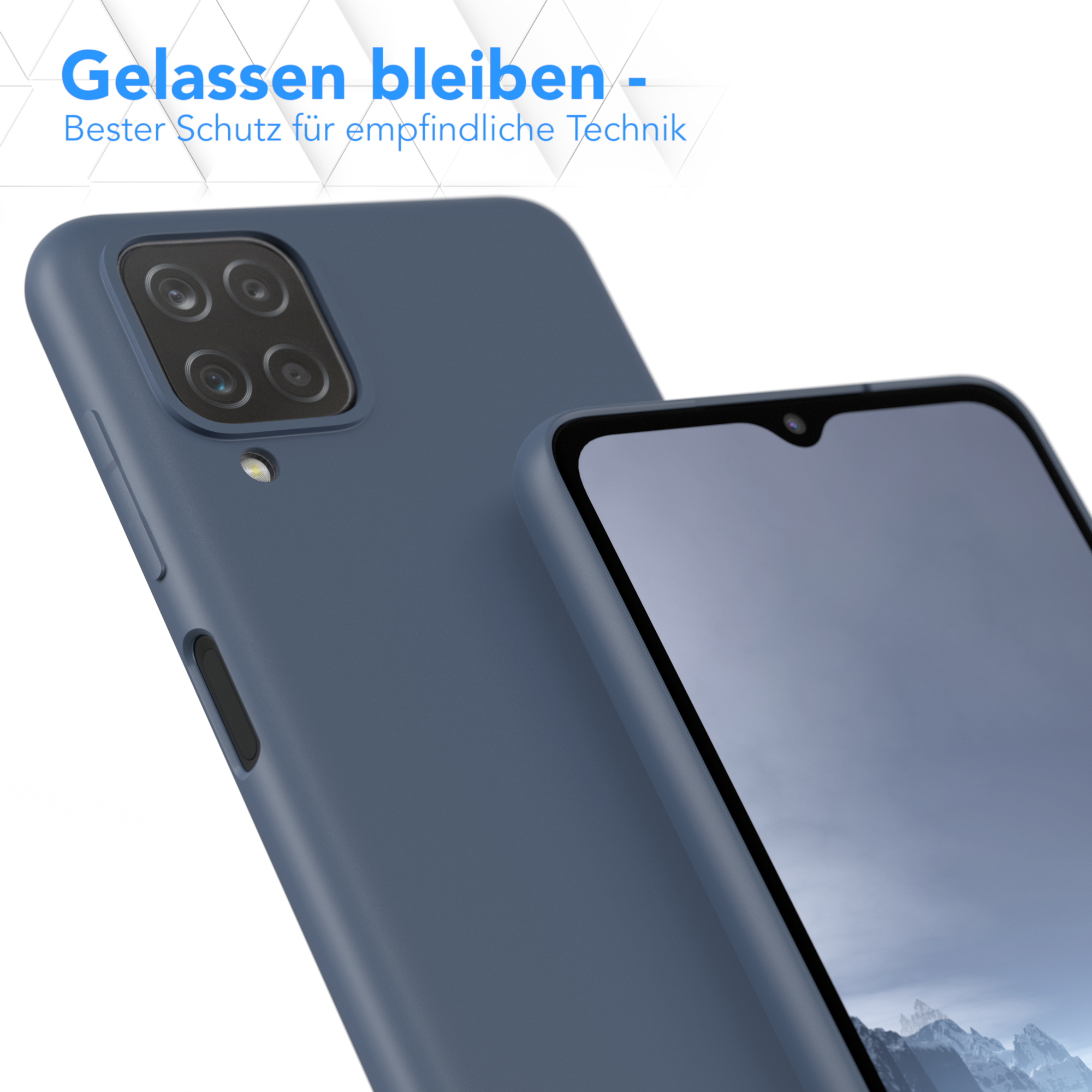 Blaue Handyhülle mit Telefon darin. Text: 'Bleib gelassen - Bester Schutz für empfindliche Technik'.