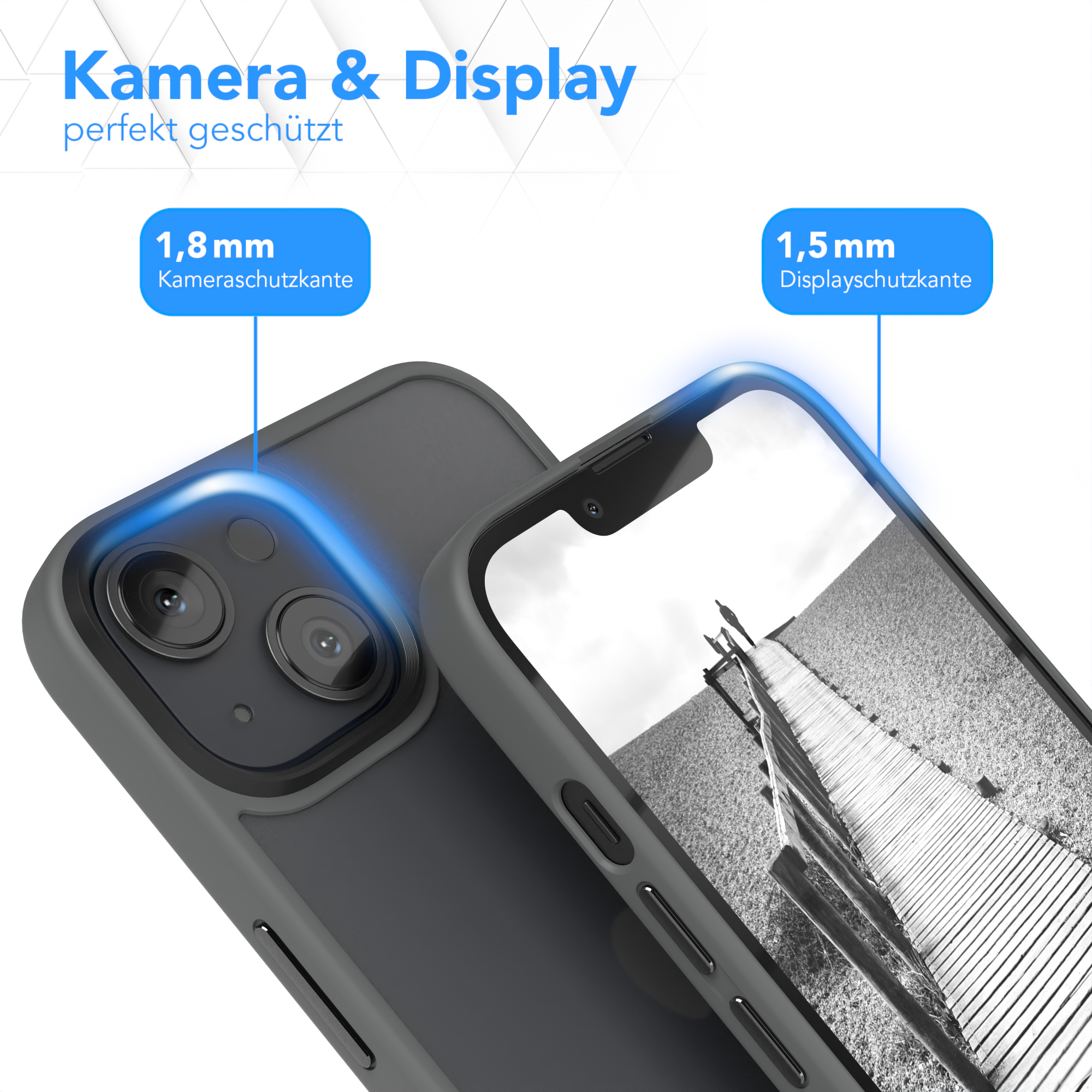 Ein Telefon mit grauem Gehäuse, das einen Kamera- und Displayschutz mit Größenangaben zeigt.