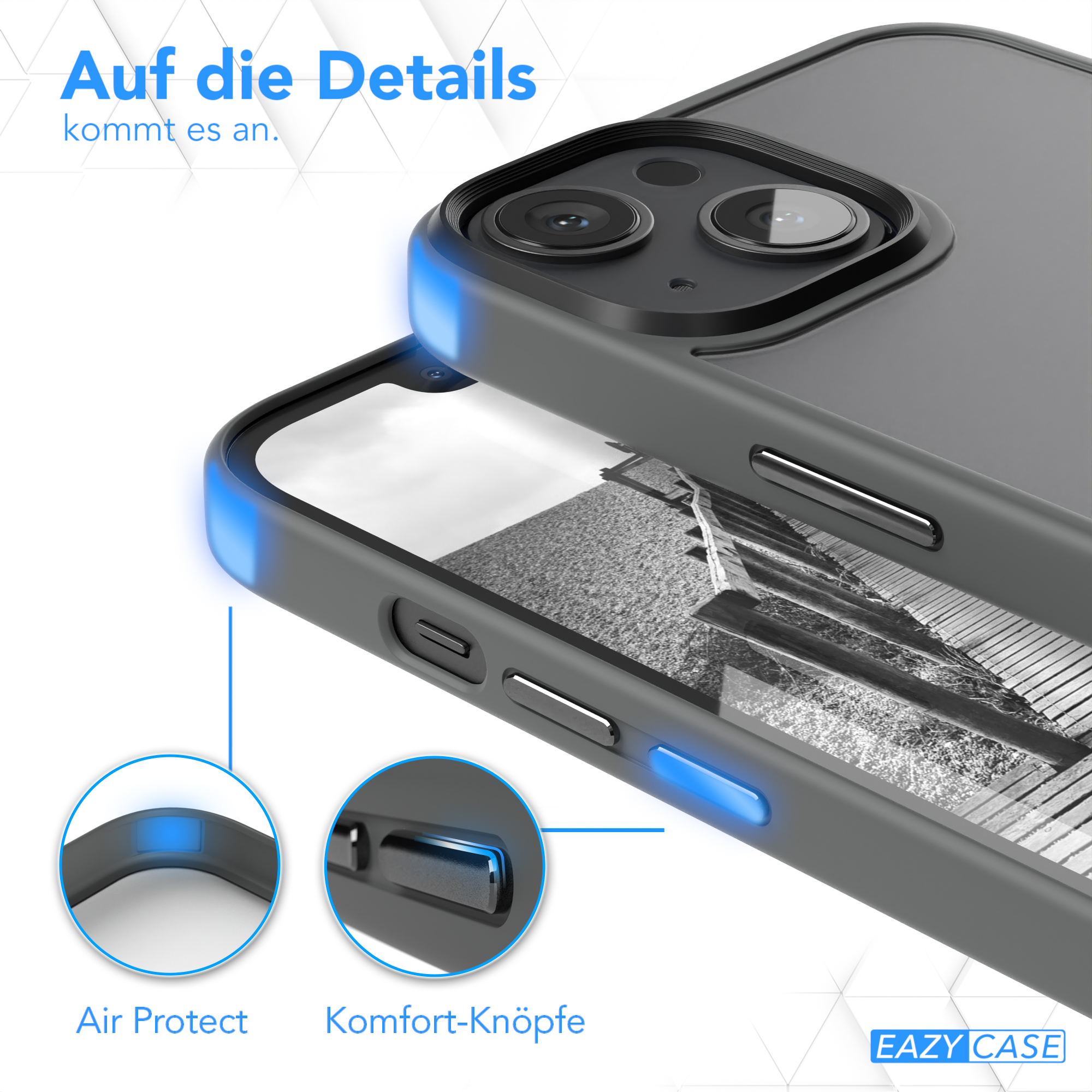 Nahaufnahme einer Handyhülle mit hervorgehobenen Knöpfen und einem Telefon darin.