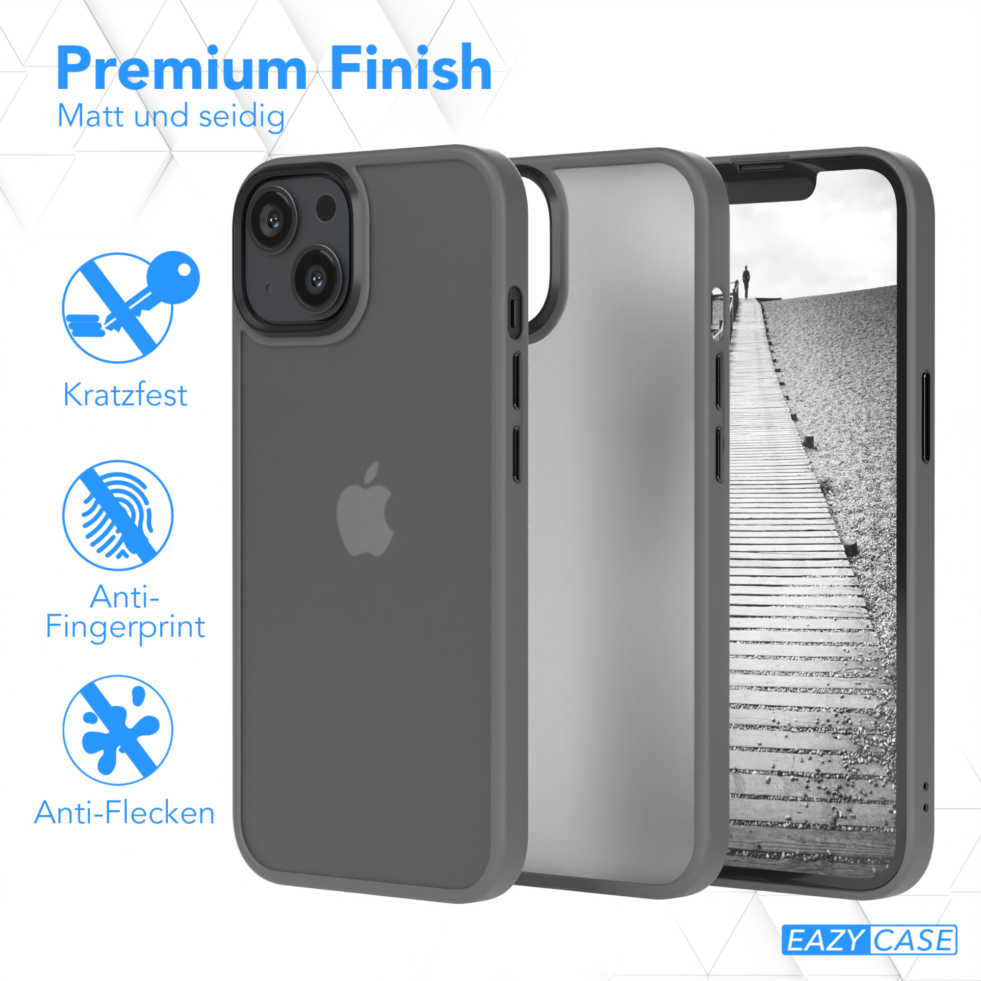 Graue Handyhülle mit Eigenschaften: kratzfest, Anti-Fingerprint, Anti-Flecken. Text: Premium-Finish.