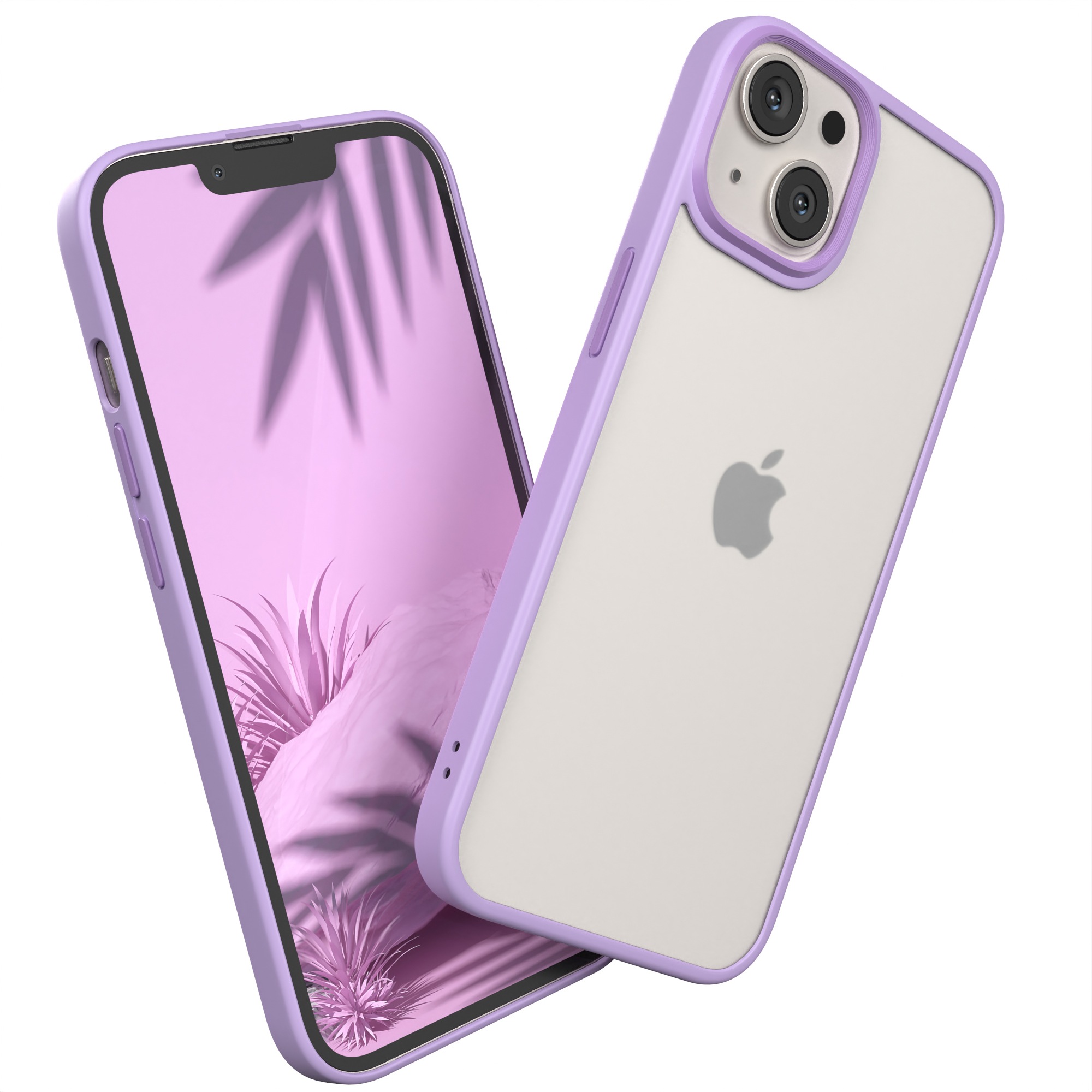 Eine hellviolette Handyhülle und ein Handy mit einer lila Szene auf dem Bildschirm.