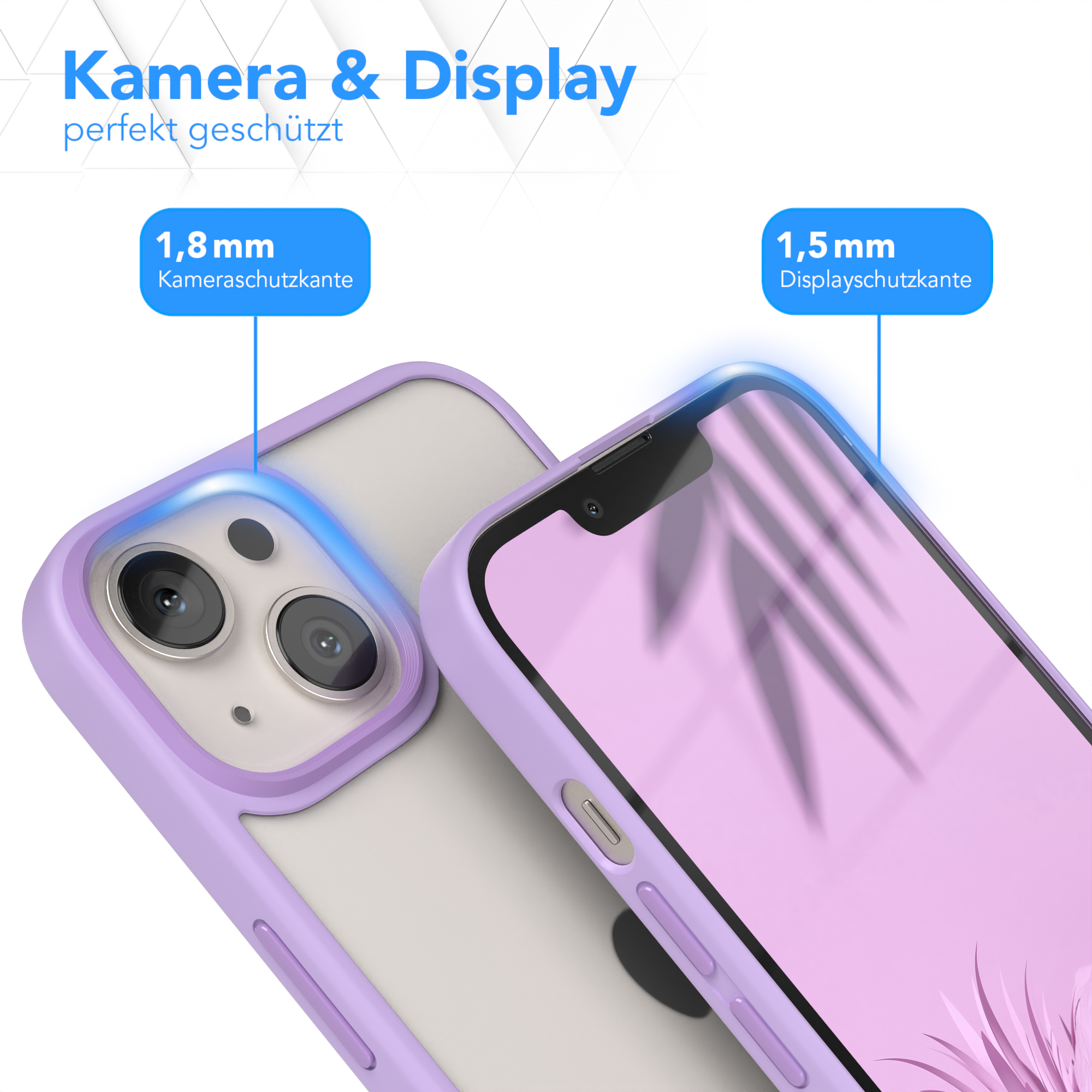 Zwei lila Handyhüllen mit Handy, Rückansicht. Weißer Hintergrund.