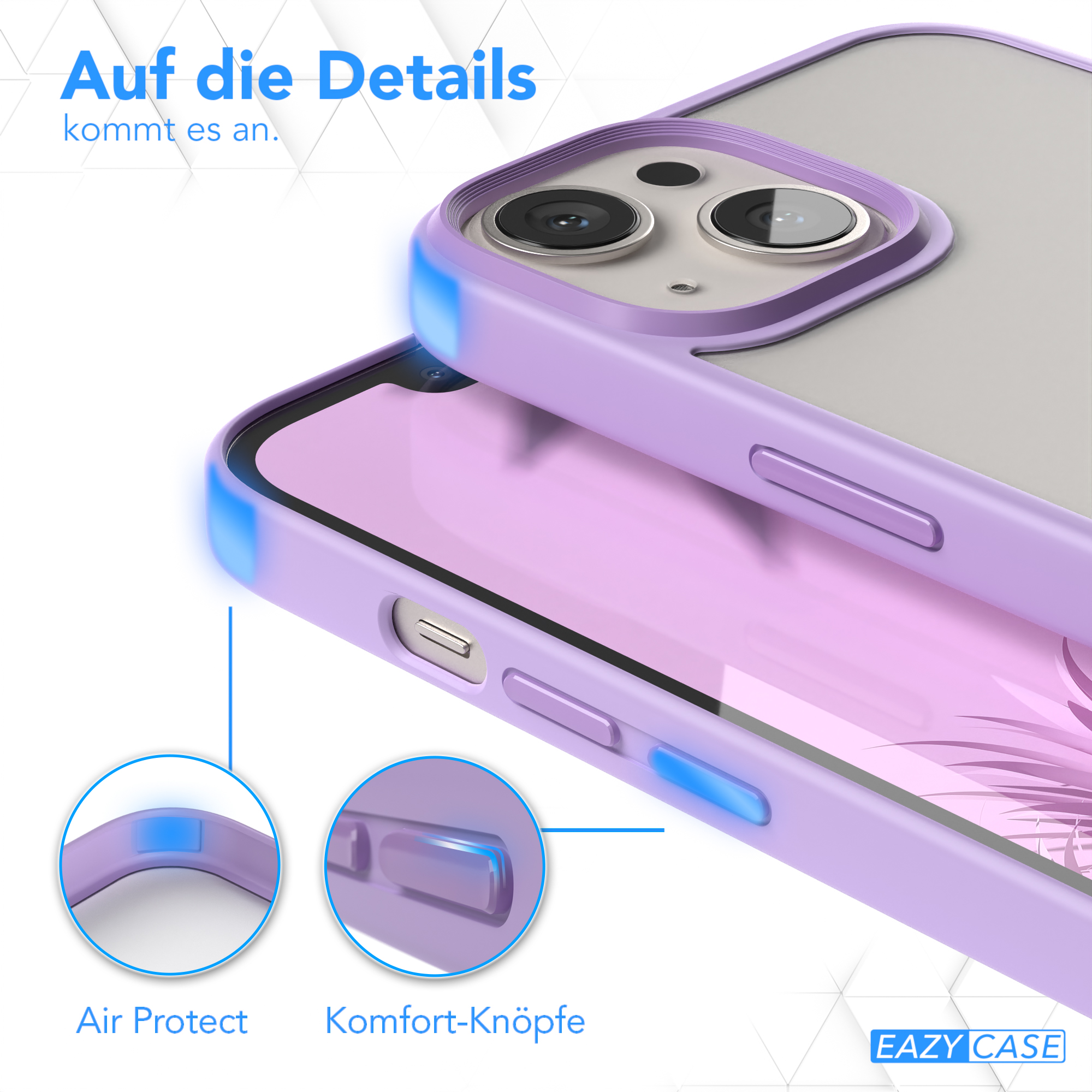 Eine Handyhülle mit einem Telefon darin. Die Hülle ist lila, mit einer transparenten Rückseite. Weißer Hintergrund.