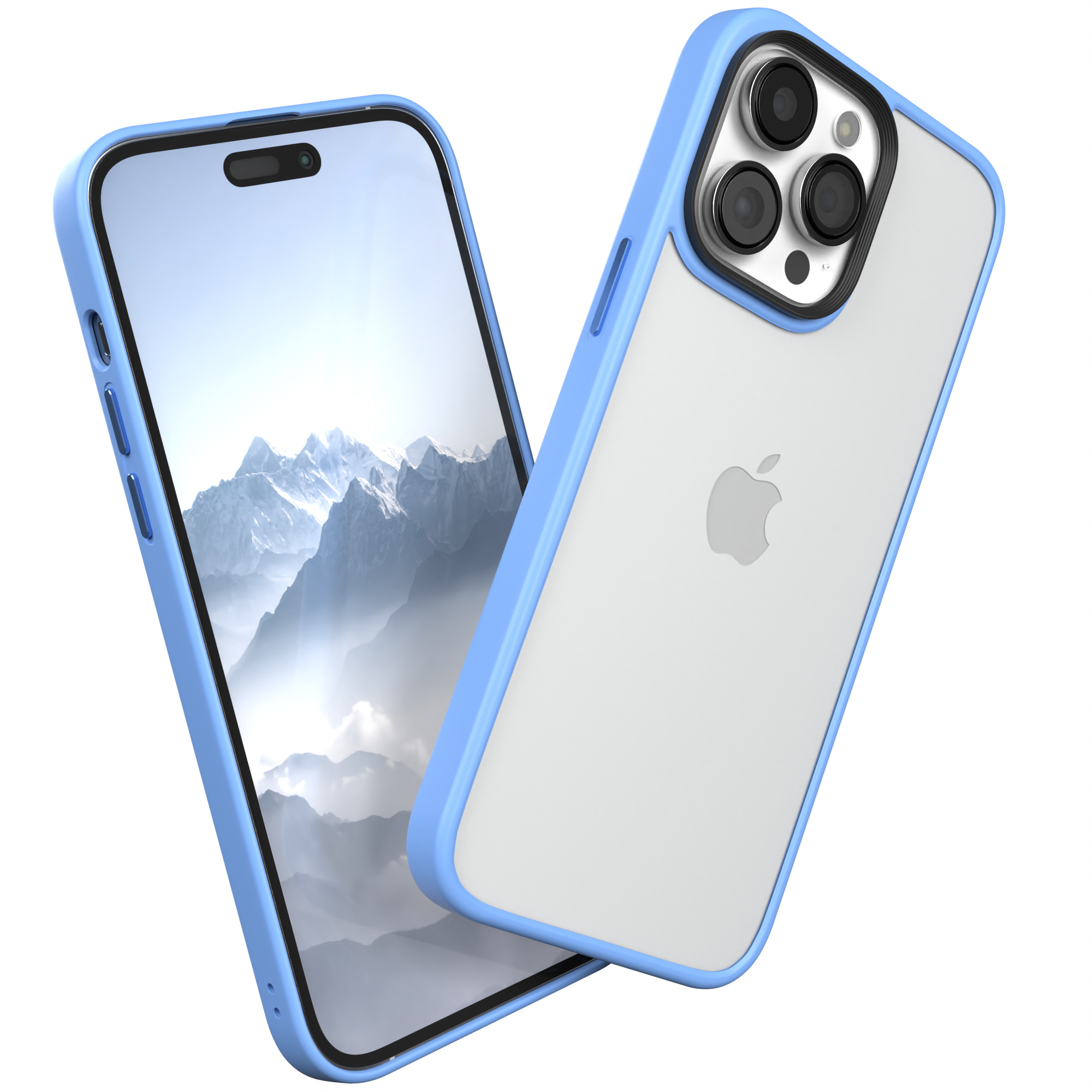 Zwei Telefone mit blauen Hüllen. Eins liegt oben, das andere ist abgewinkelt. Weißer Hintergrund.