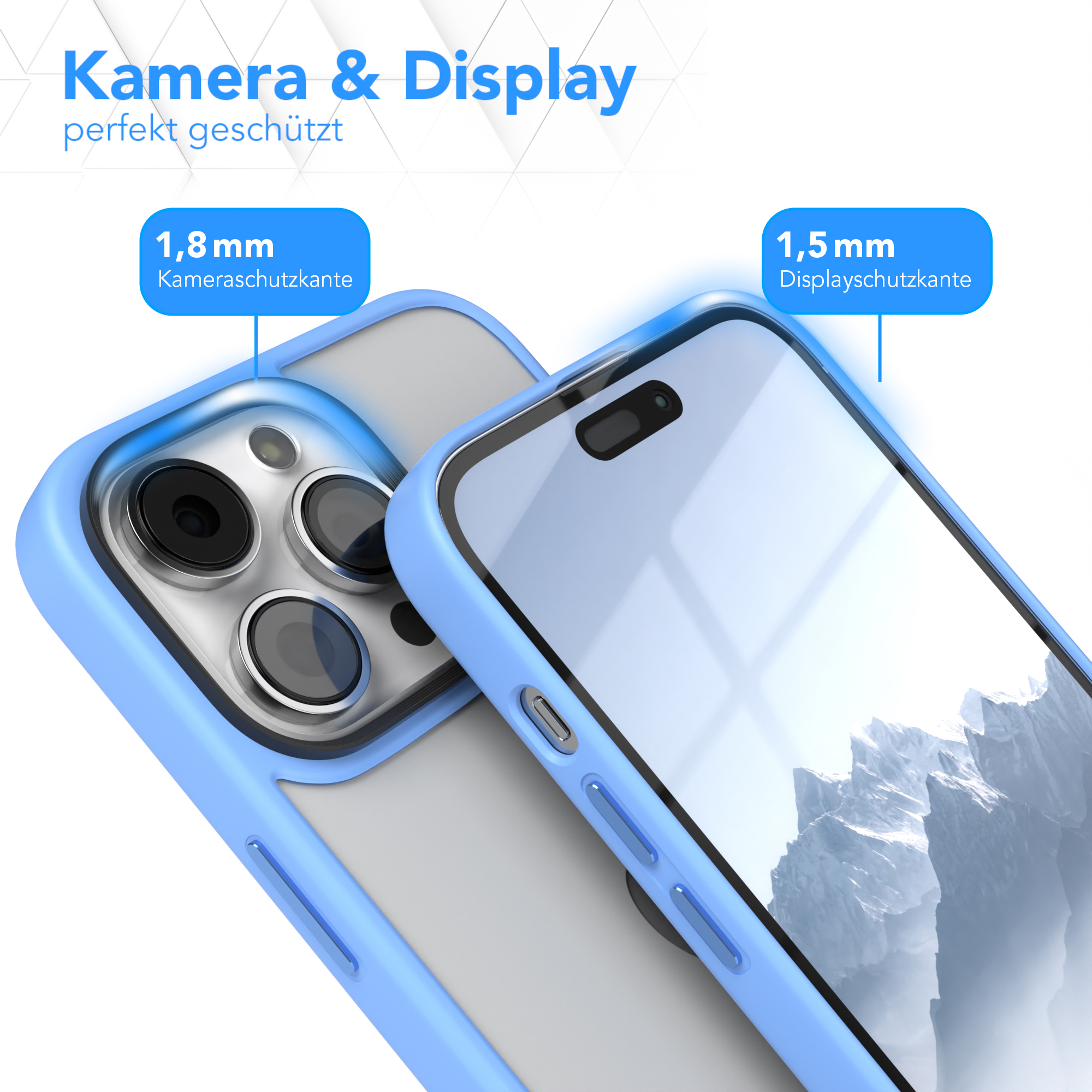 Blaue Handyhülle mit einem iPhone und Texten über Kamera- und Displayschutz.