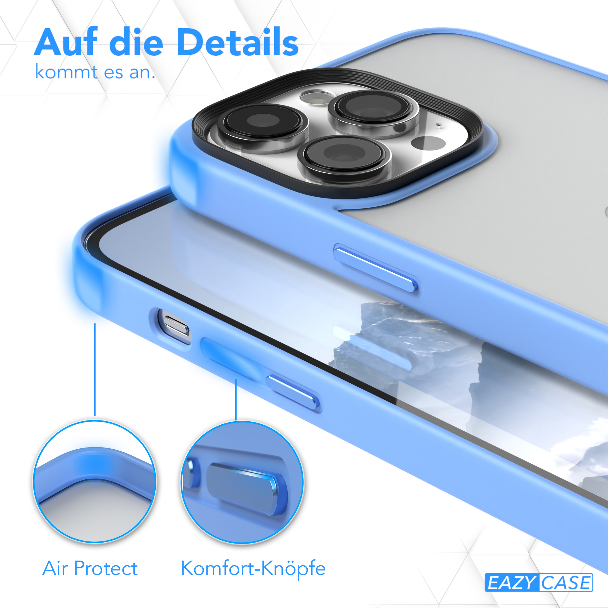 Blaue Handyhülle mit Aussparungen und Knöpfen. Die Hülle schützt das Telefon.