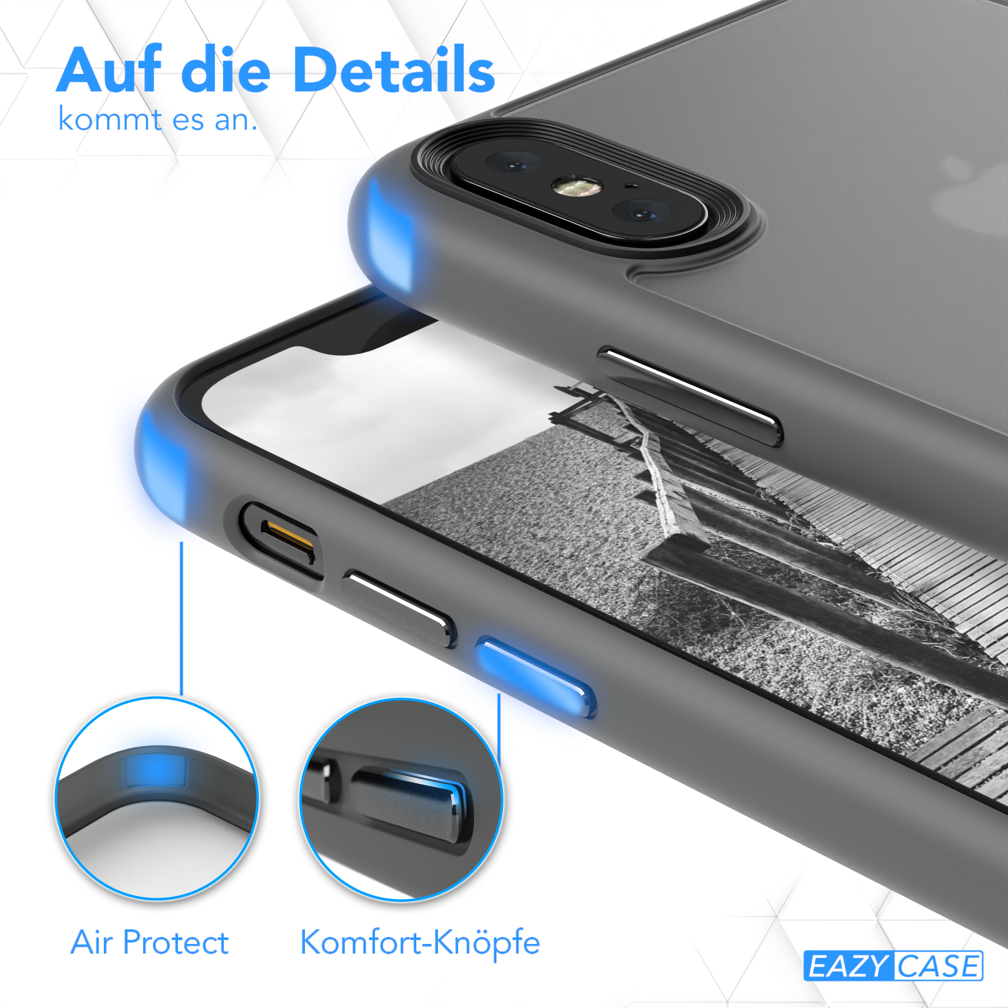 Graue Handyhülle mit blauen Akzenten. Nahaufnahme mit Details.