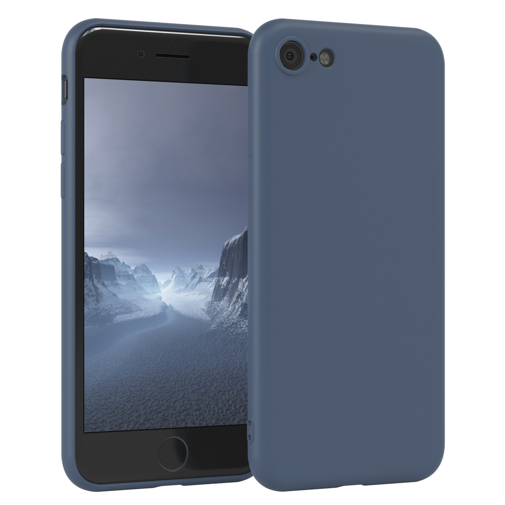 Telefon mit blauer Hülle, zeigt eine Berglandschaft.