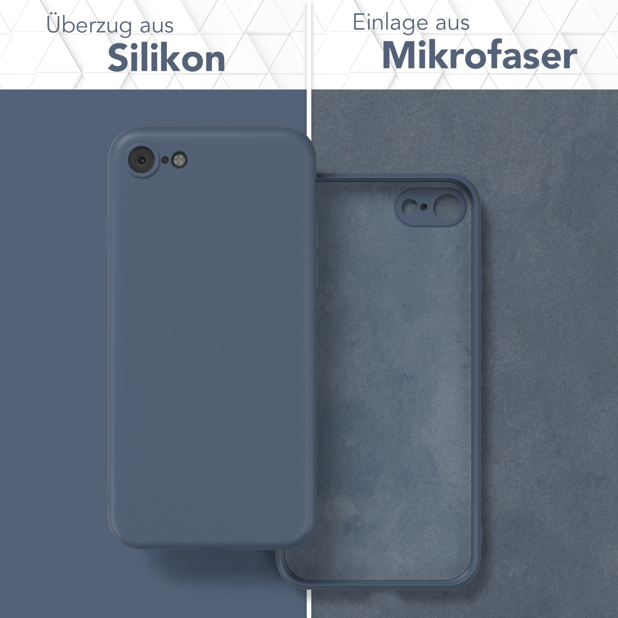 Zwei Handyhüllen. Eine ist blau, die andere geöffnet und zeigt ein graues Mikrofaser-Innenfutter.