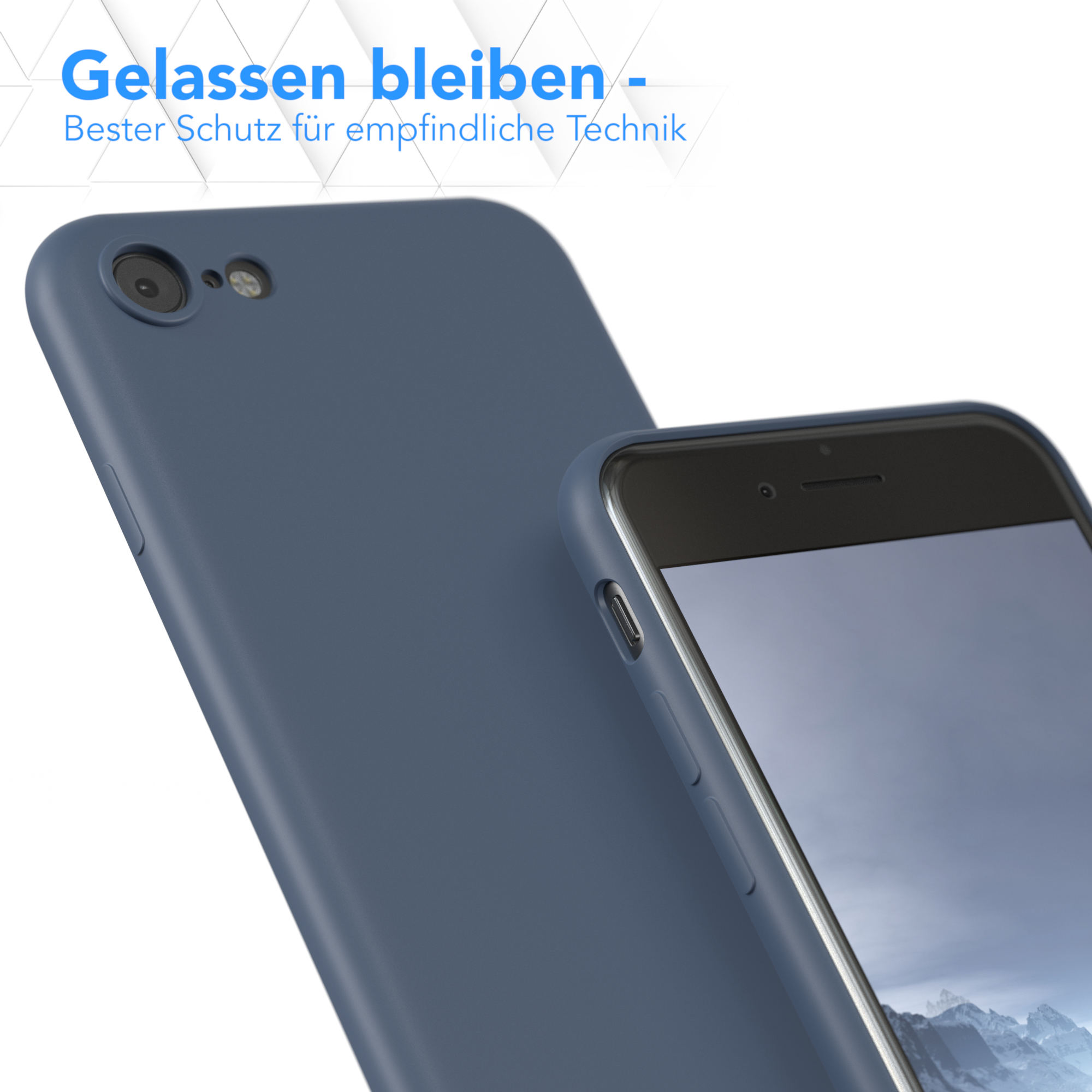 Blaue Handyhülle und Telefon auf weißem Hintergrund, mit Text.