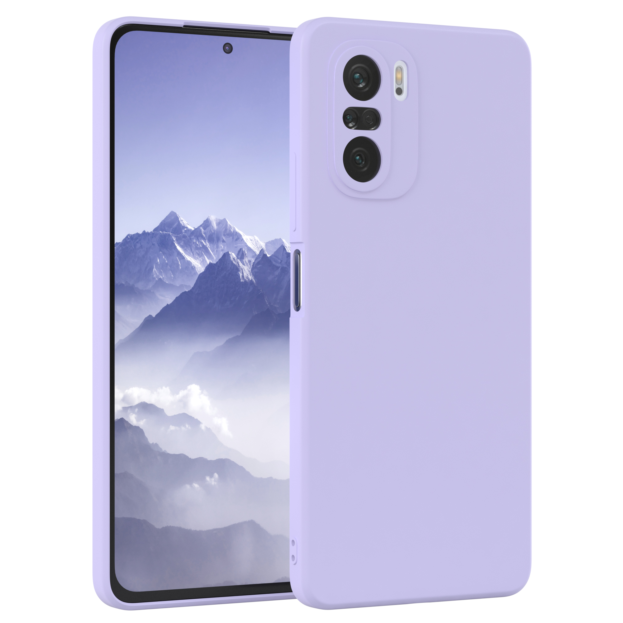 Eine lila Handyhülle mit einem Telefon darin. Das Telefon zeigt einen Bildschirm. Die Hülle ist um das Telefon.