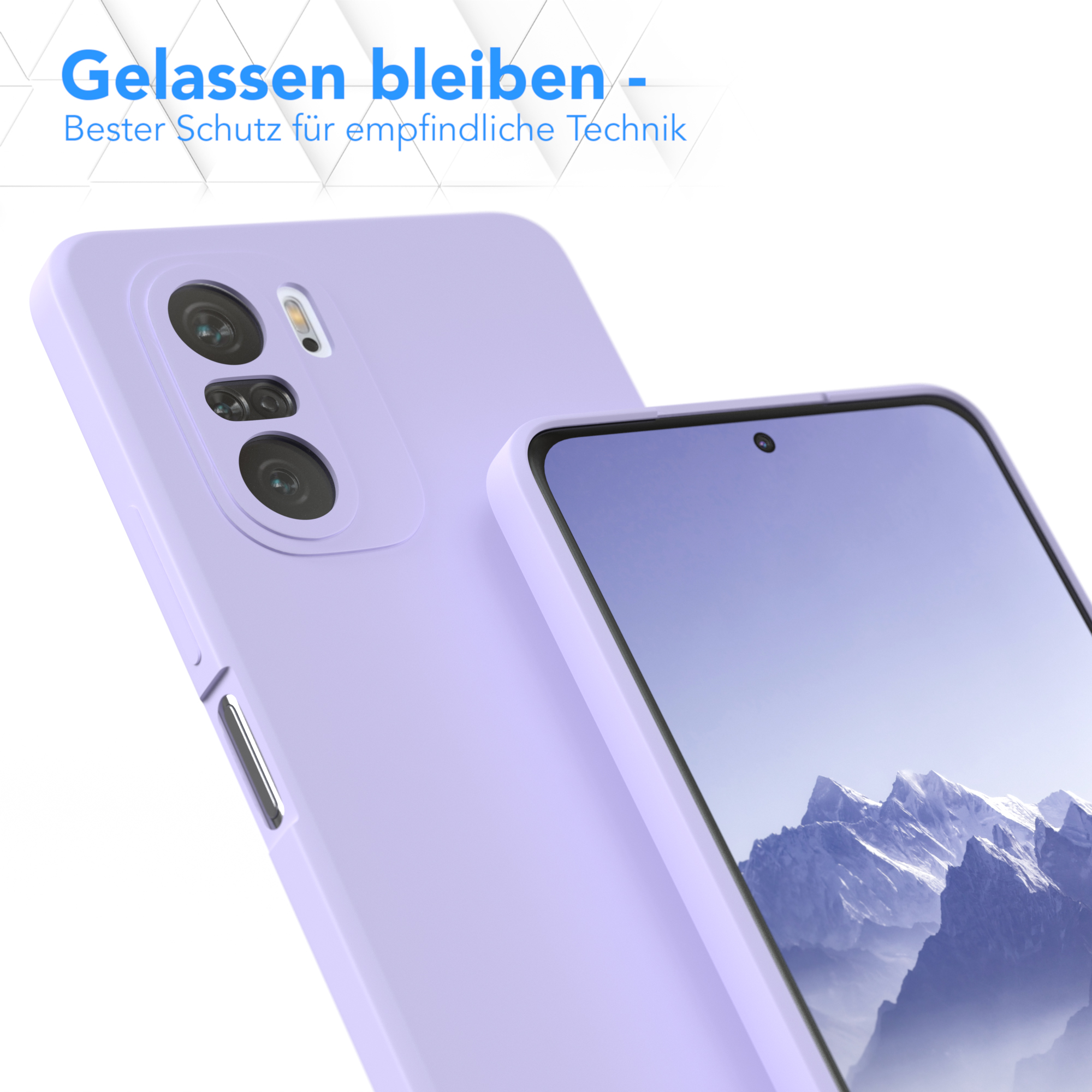 Nahaufnahme einer lila Handyhülle und eines Telefons. Der Text lautet: "Gelassen bleiben - Bester Schutz..."