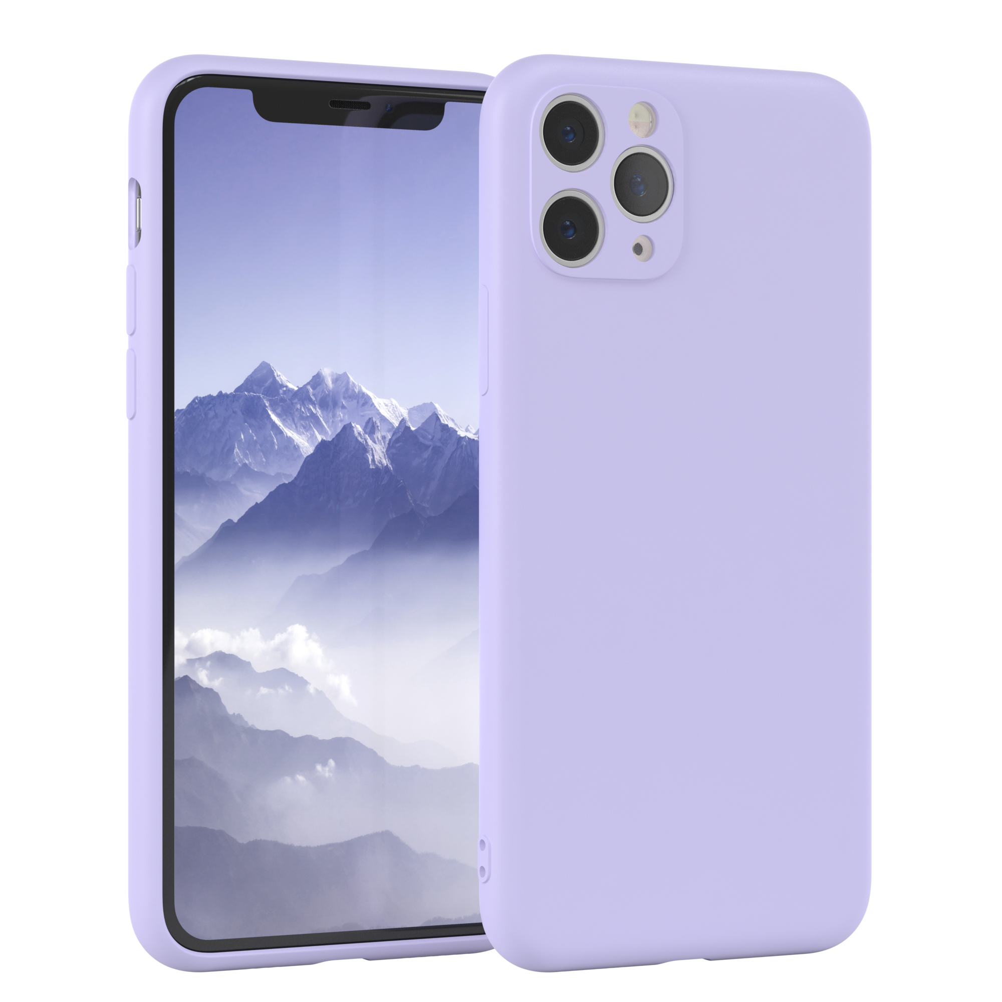 Lila Handyhülle mit einem Handy, das eine Landschaft zeigt. Weißer Hintergrund.