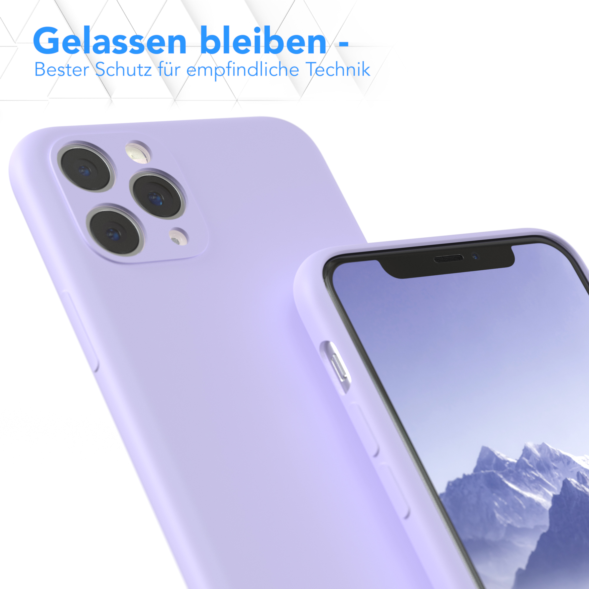 Zwei lila Handyhüllen, eine auf dem Telefon, die andere daneben. Text oben: Gelassen bleiben - Bester Schutz.