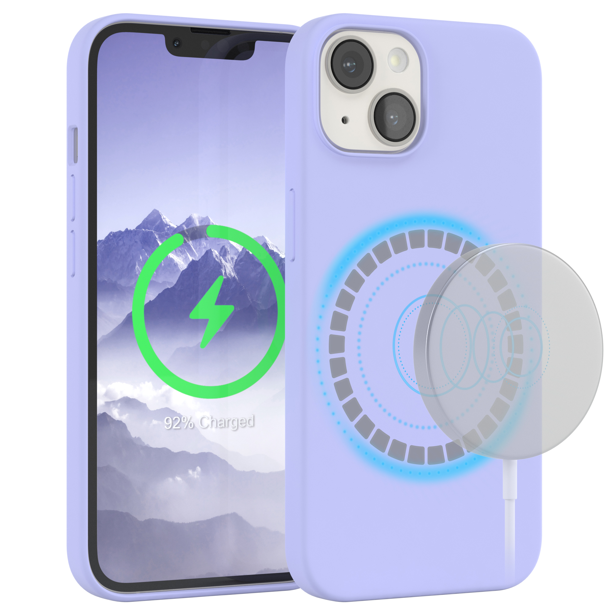 Lila Handyhülle mit Handy, lädt mit Blitzsymbol.