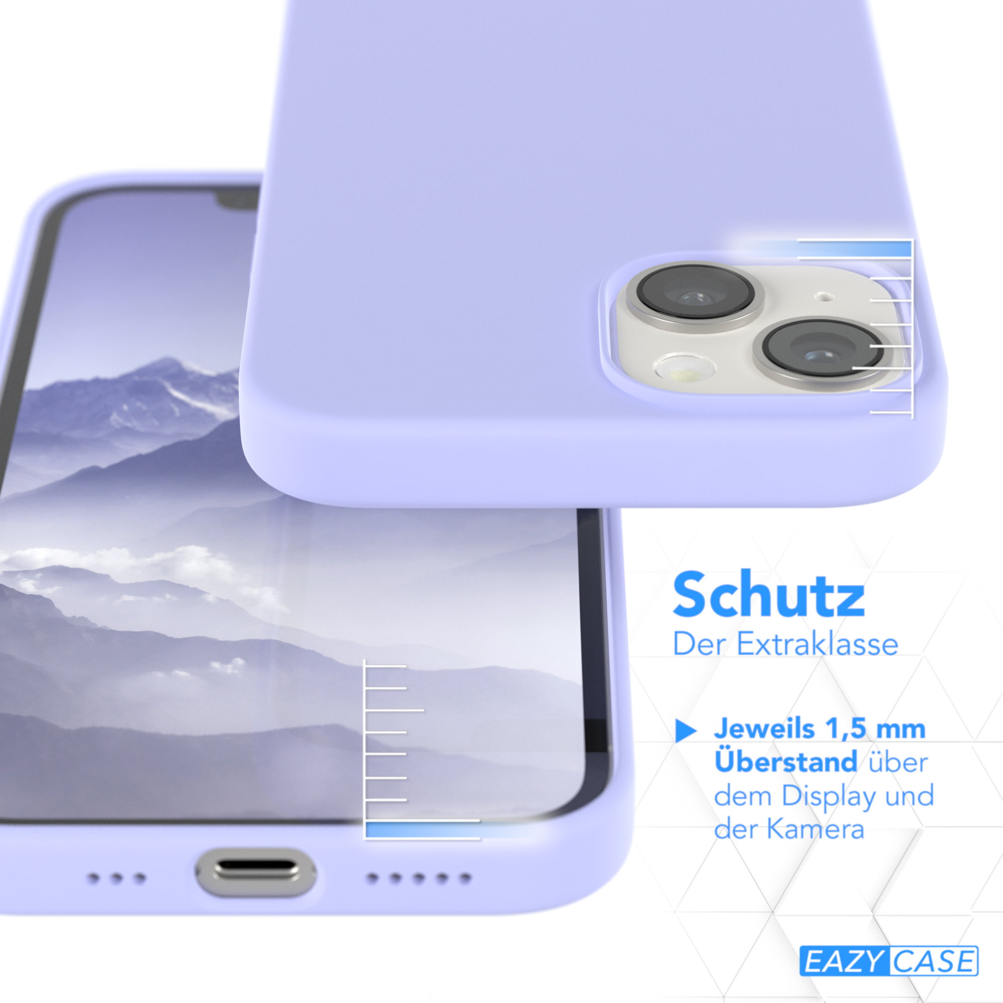 Lila Handyhülle, Nahaufnahme. Text: Schutz. 1,5 mm über Display und Kamera.