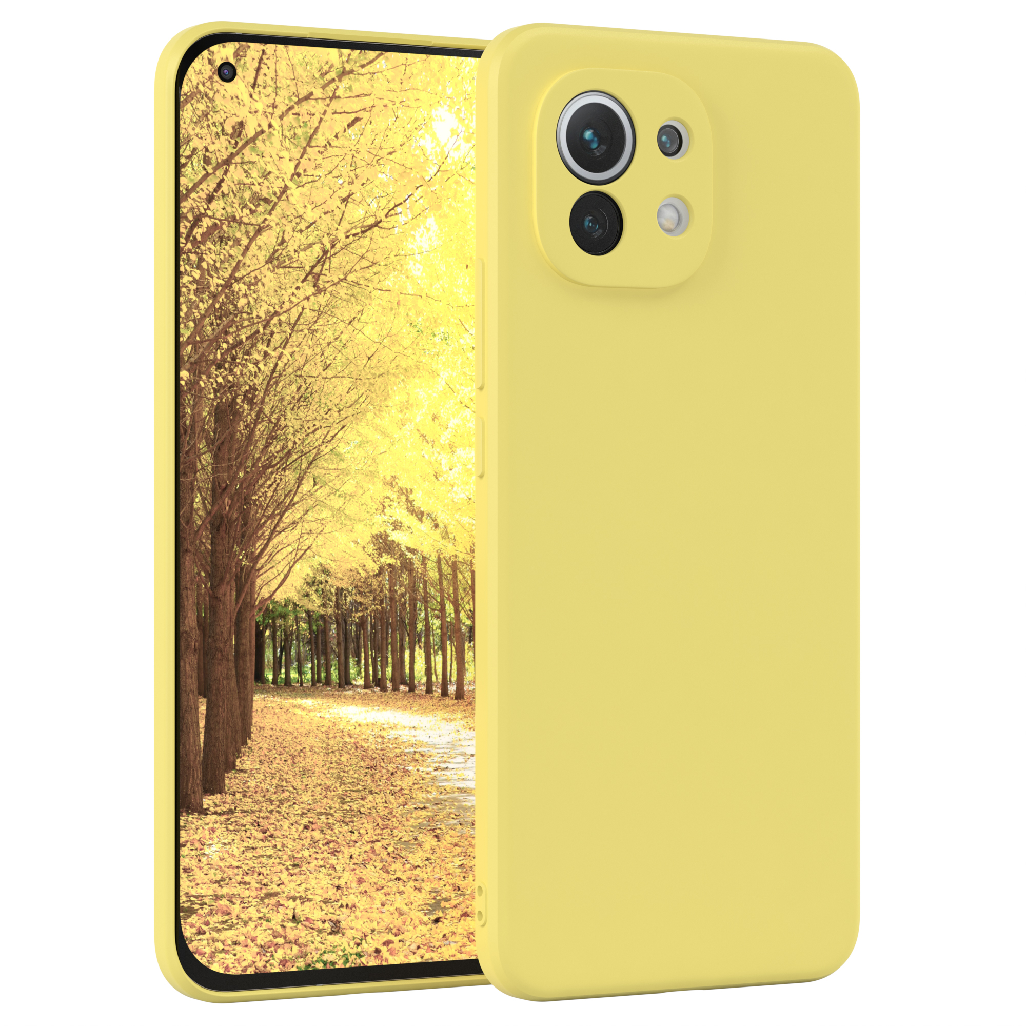 Gelbe Handyhülle mit einem Telefon, das einen Wald mit gelben Blättern zeigt.