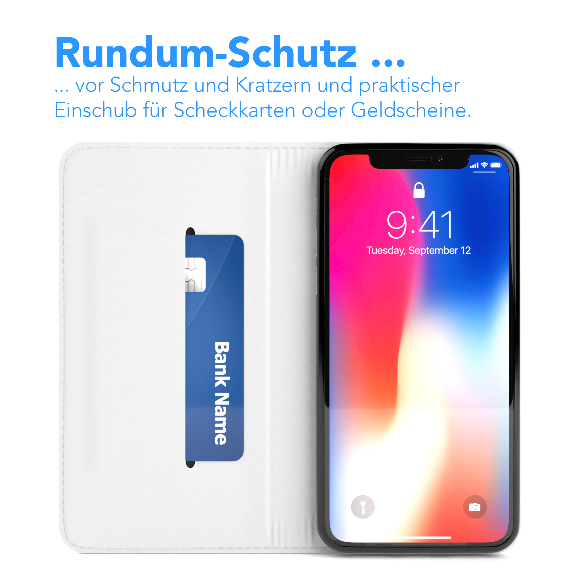 Weißes Handycase mit Karte. Telefon zeigt Uhrzeit und bunten Hintergrund.