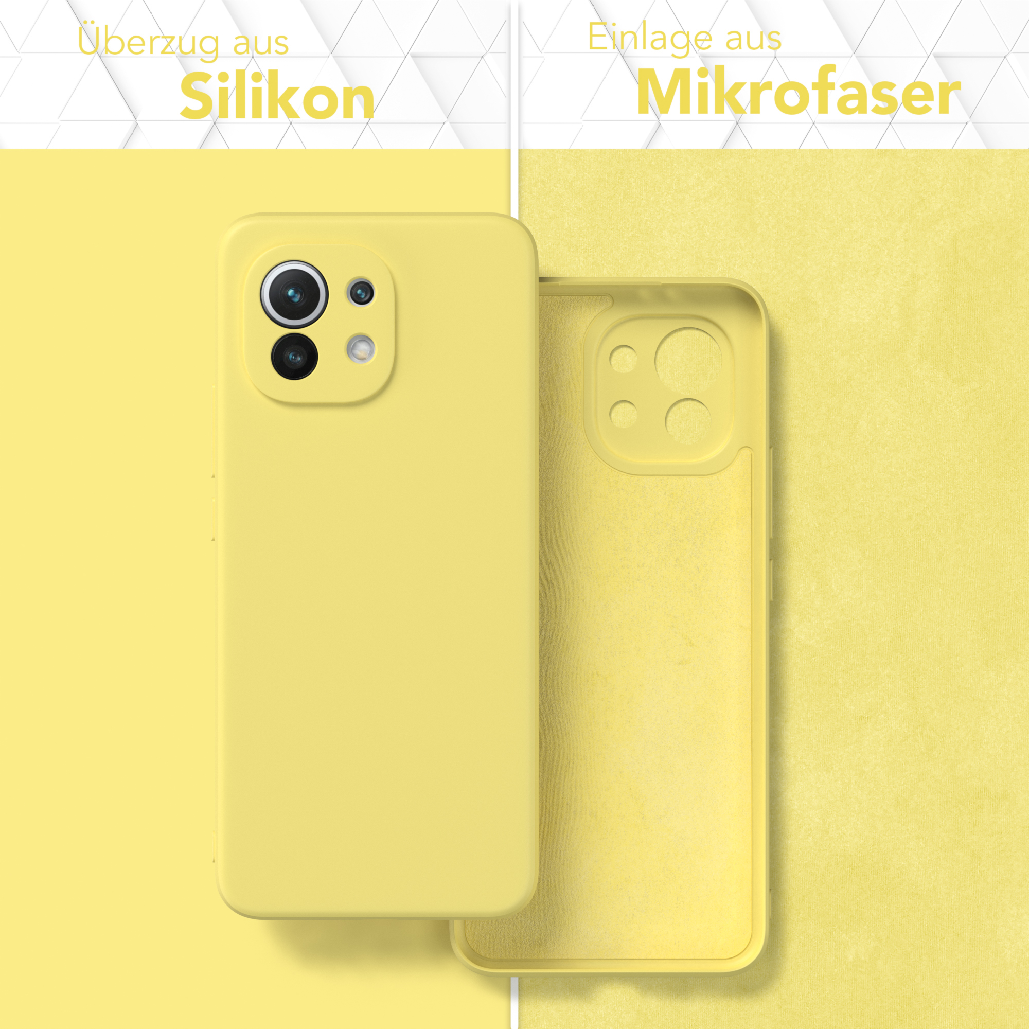 Eine gelbe Handyhülle mit einem Telefon darin und dem Mikrofaserfutter. Gelber Hintergrund.