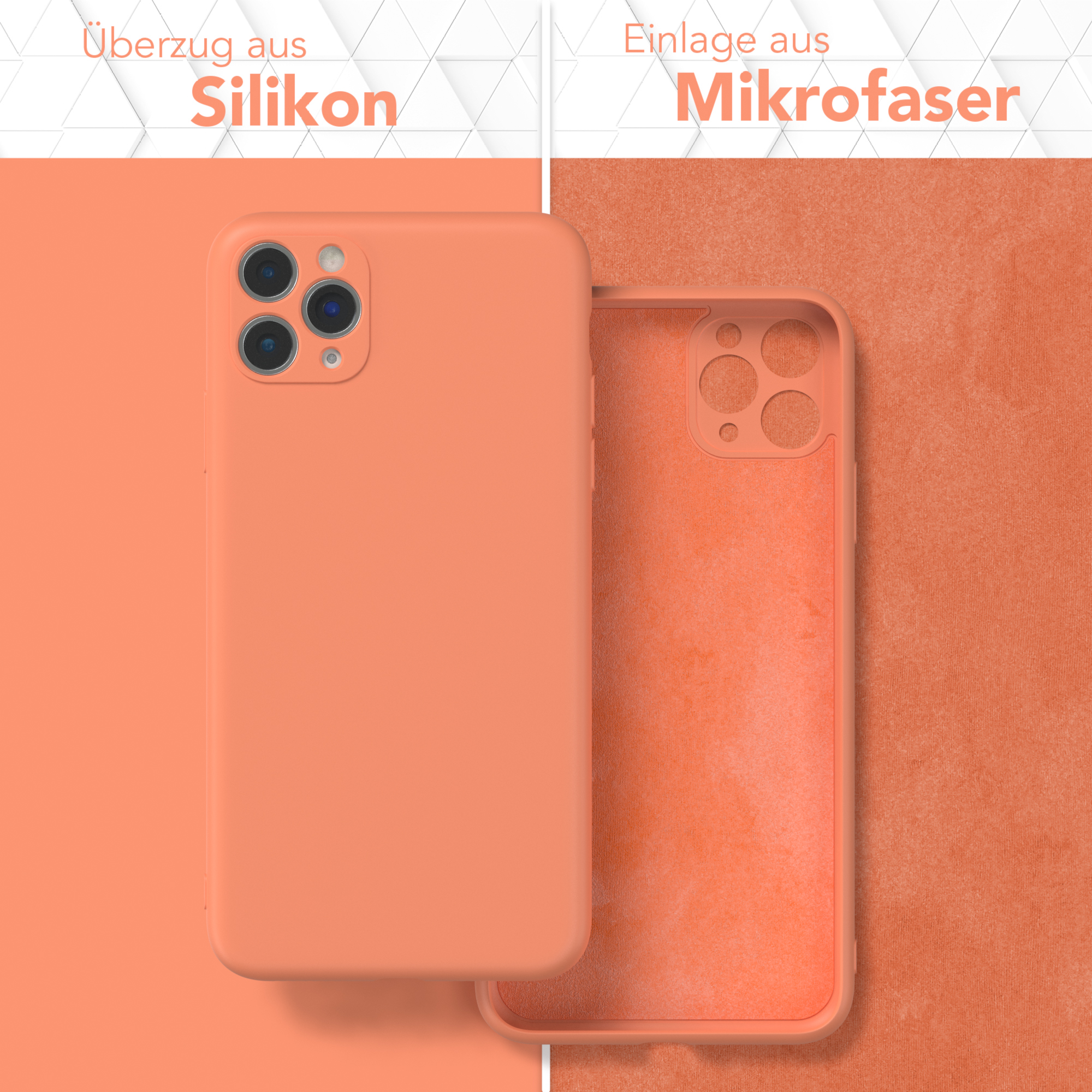 Zweiteilige Handyhülle in Orange. Text: Silikonbeschichtung, Mikrofaser-Einsatz.