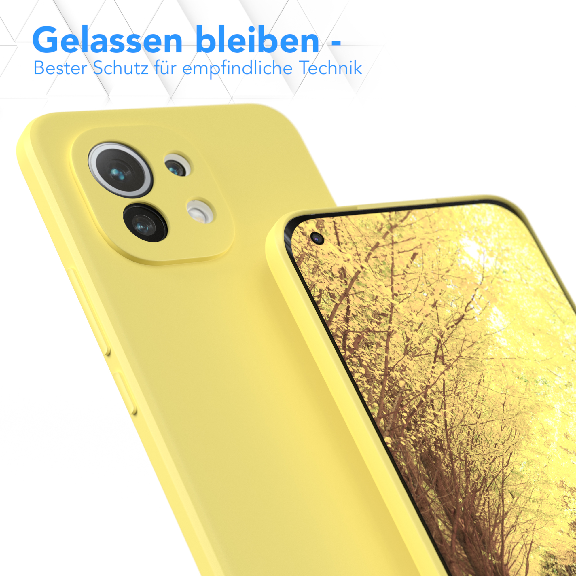Gelbe Handyhülle mit Baum-Bild auf dem Bildschirm. Eine weitere gelbe Hülle ist seitlich sichtbar.