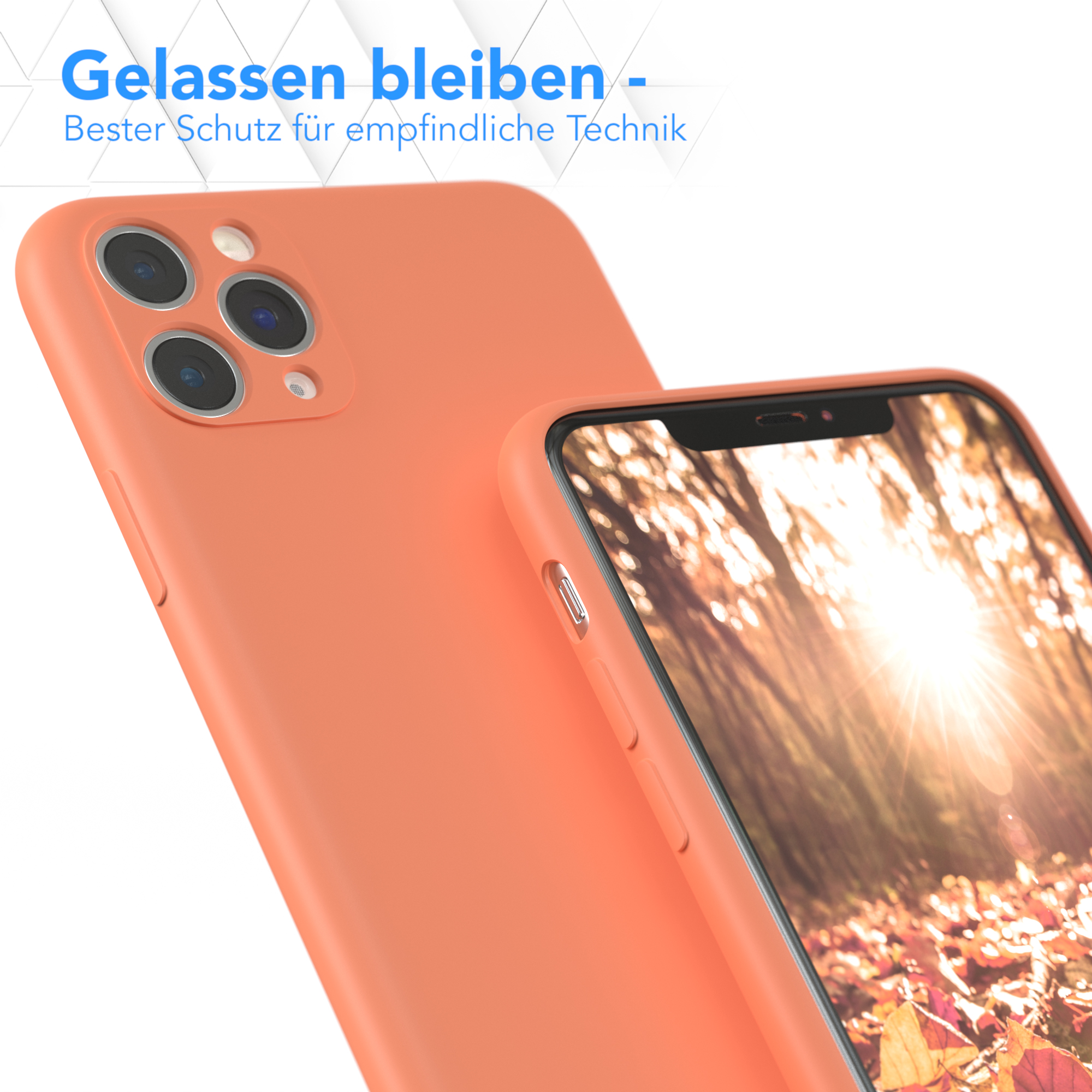 Zwei orangefarbene Handyhüllen, eine auf der Rückseite eines Telefons, die andere davor.