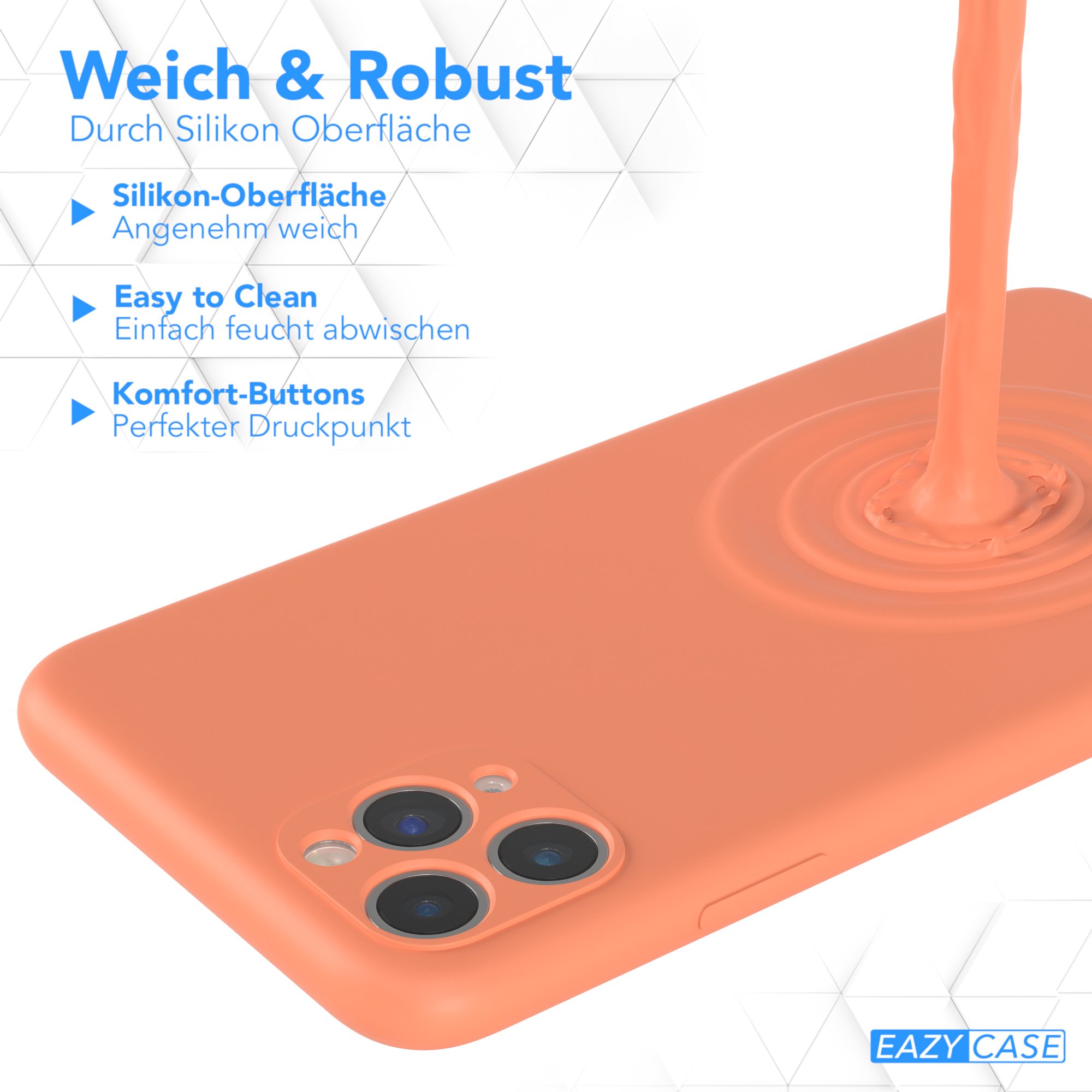 Orangefarbene Handyhülle mit Flüssigkeit, die darüber gegossen wird. Text über Funktionen.
