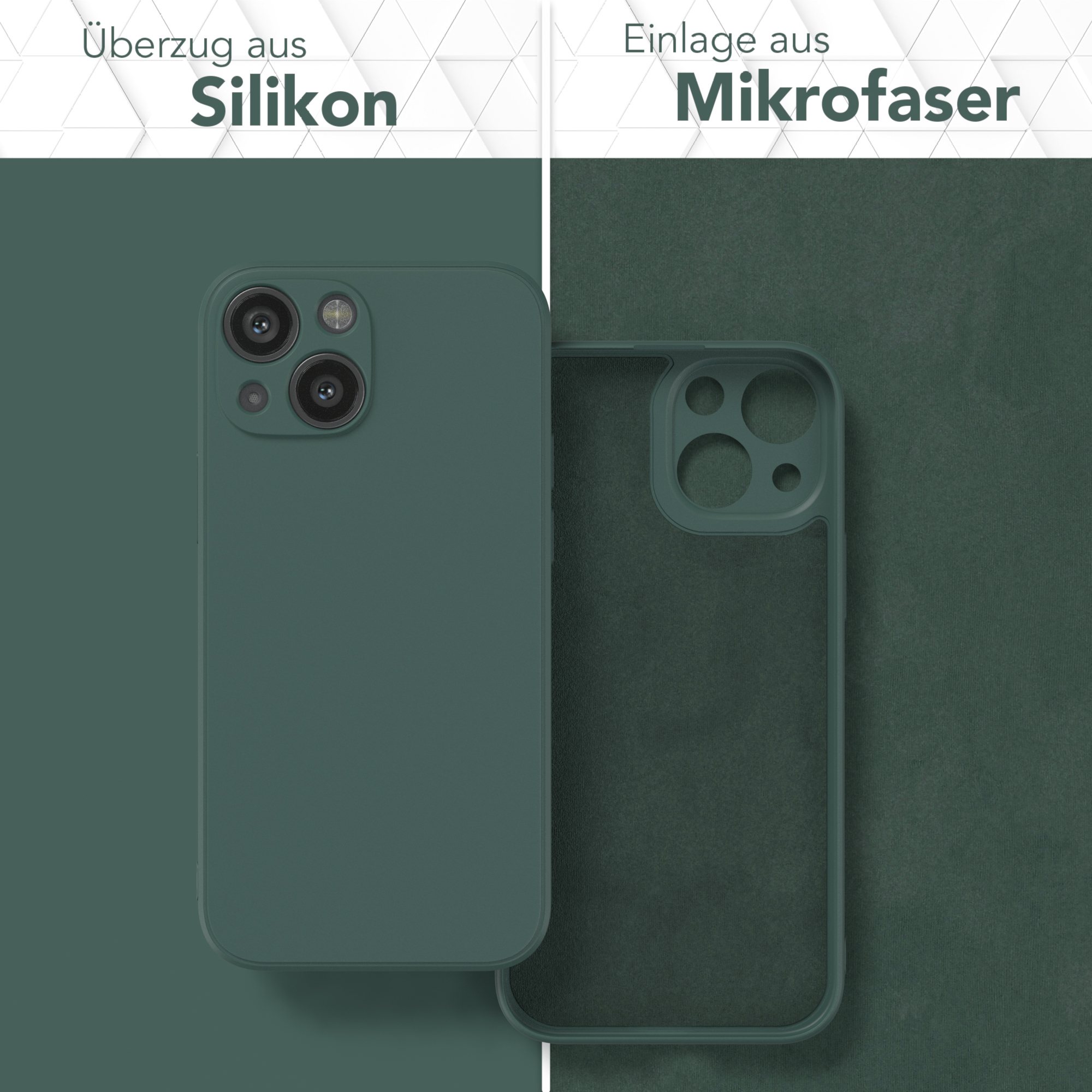 Zwei Handyhüllen, eine grün, die andere mit grünem Mikrofaser-Innenraum. Text oben: Überzug aus Silikon.