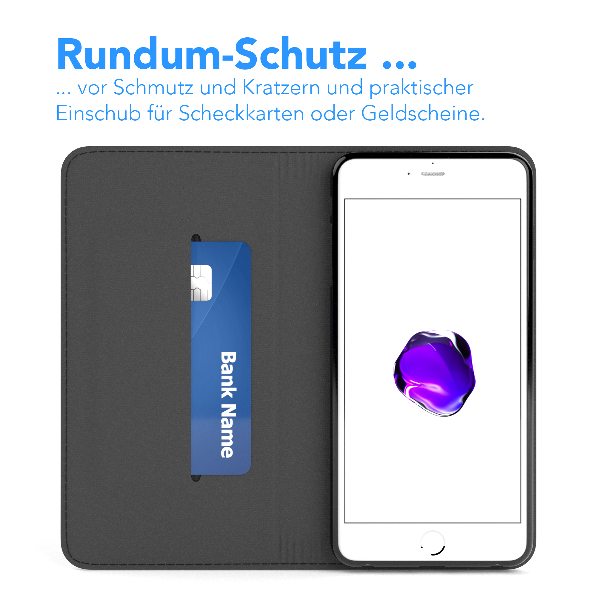 Telefon in dunkelgrauer Hülle mit Bankkarte im Schlitz. Weißer Hintergrund mit Text.