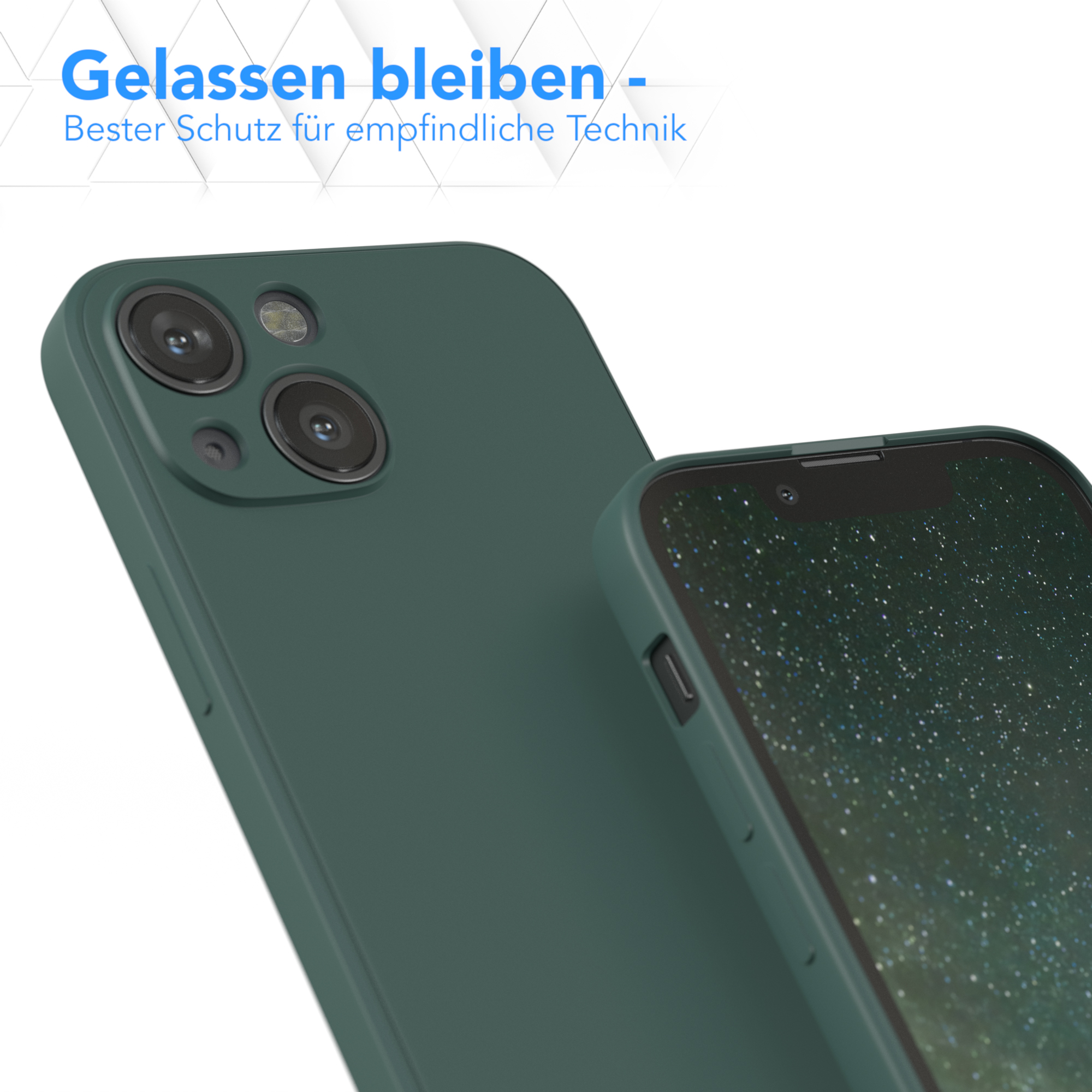 Grüne Handyhülle, Nahaufnahme. Text: Gelassen bleiben, Bester Schutz für empfindliche Technik.