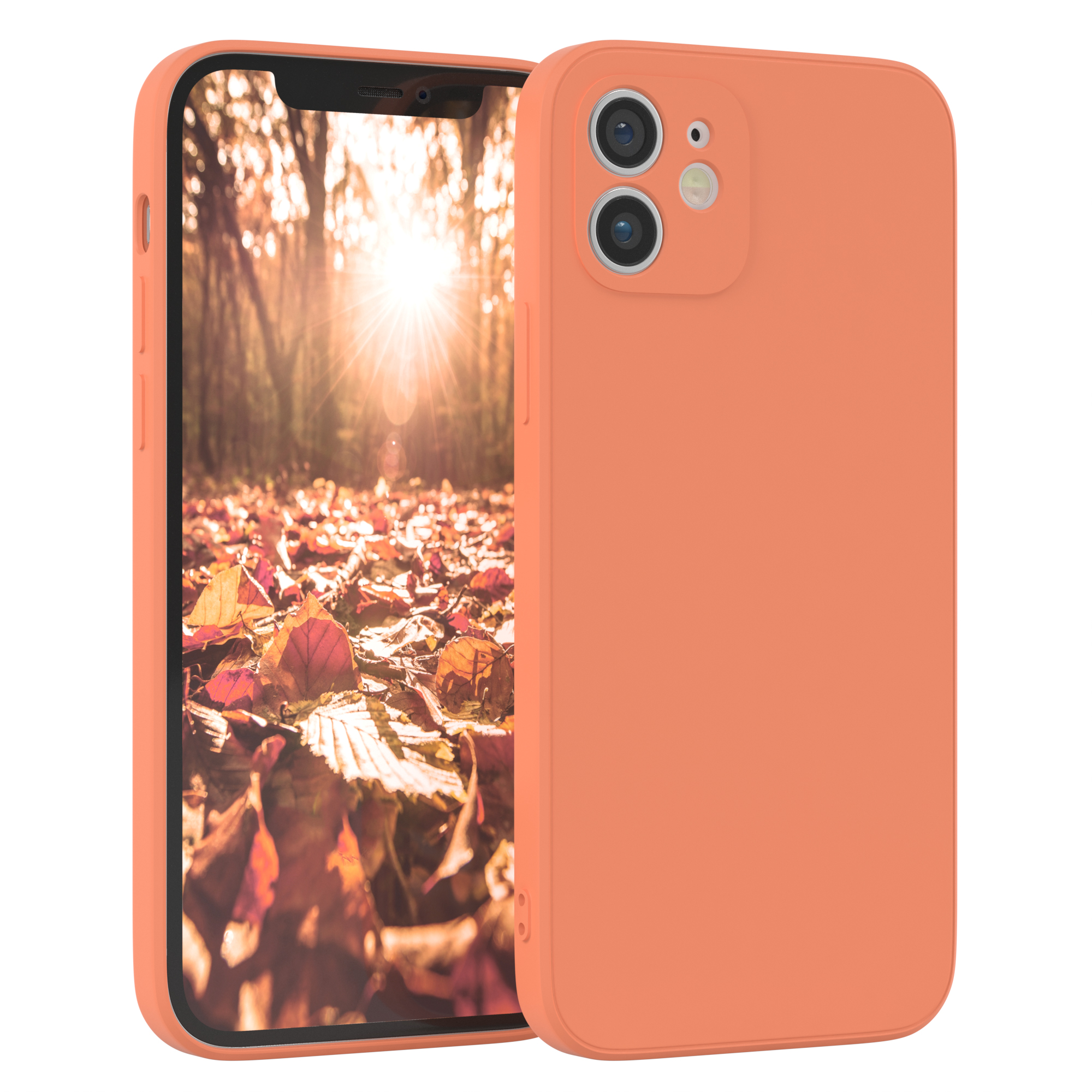 Orangefarbene Handyhülle, Telefon links, Hintergrund mit Blättern. Weißer Hintergrund.
