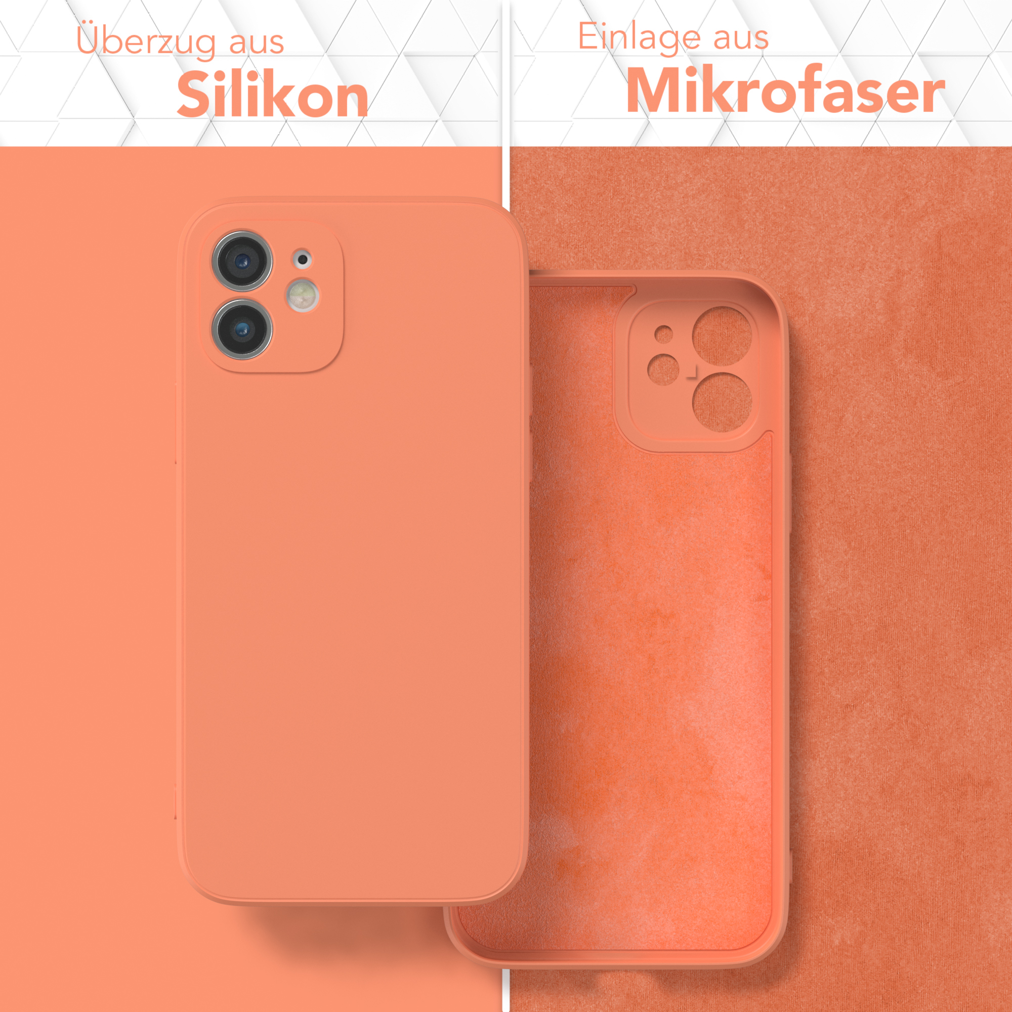 Handyhülle mit Silikonaußenseite und Mikrofaserinnenraum, beide in Orange.