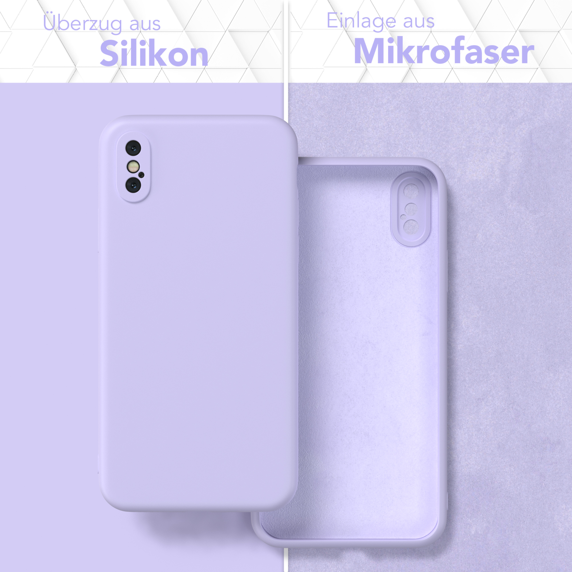 Lilafarbene Handyhülle mit Telefon und Mikrofaserfutter, auf lilafarbenem Hintergrund.