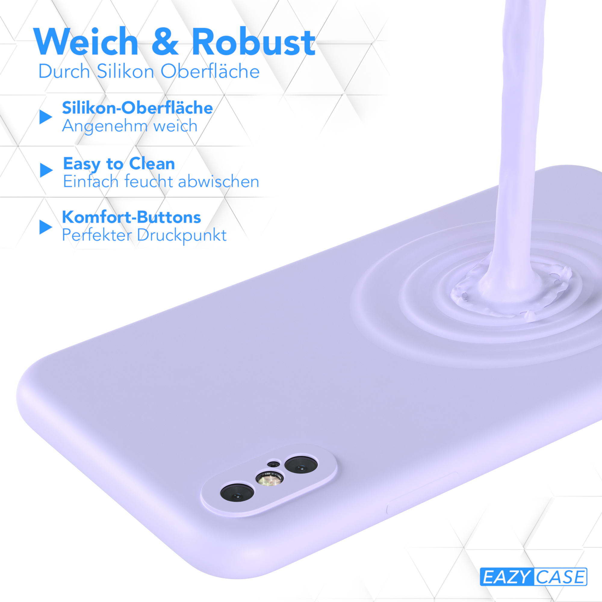Lila Handyhülle mit Text 'Weich & Robust', mit Flüssigkeitsspritzer oben.