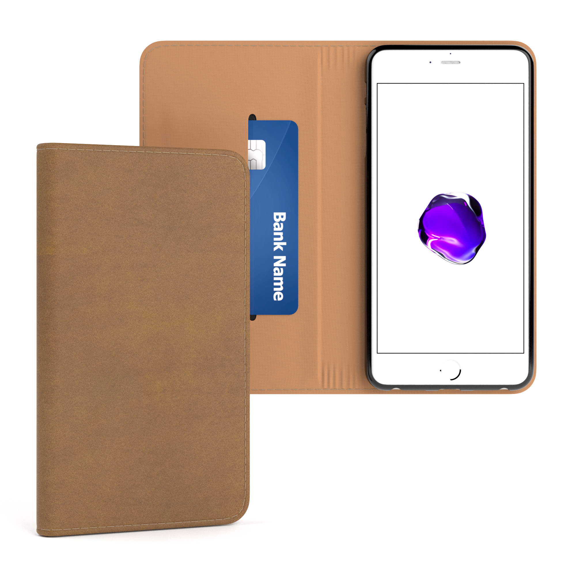 Braune Handyhülle mit Telefon darin. Der Telefonbildschirm ist weiß mit einer lila Form.