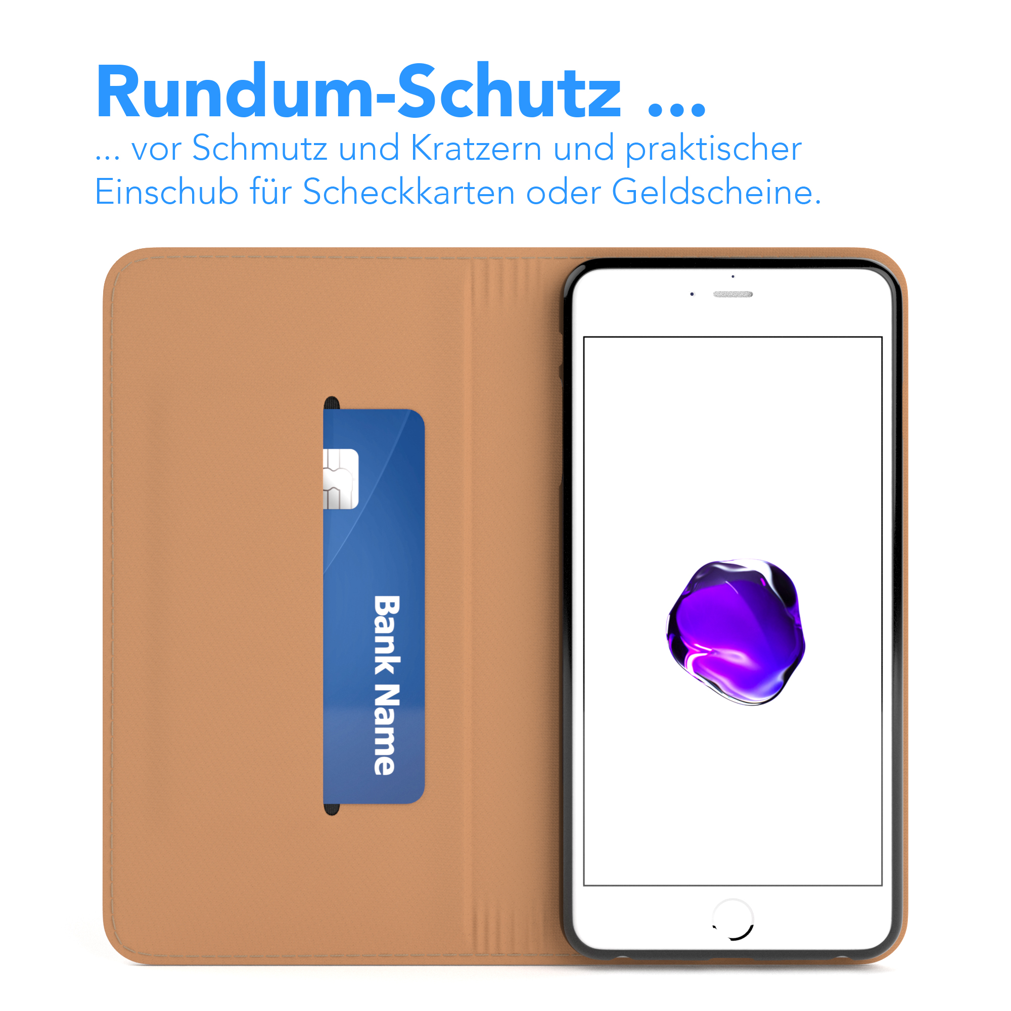 Handyhülle mit Kreditkartenfach, Bankkarte sichtbar, Telefonbildschirm an.