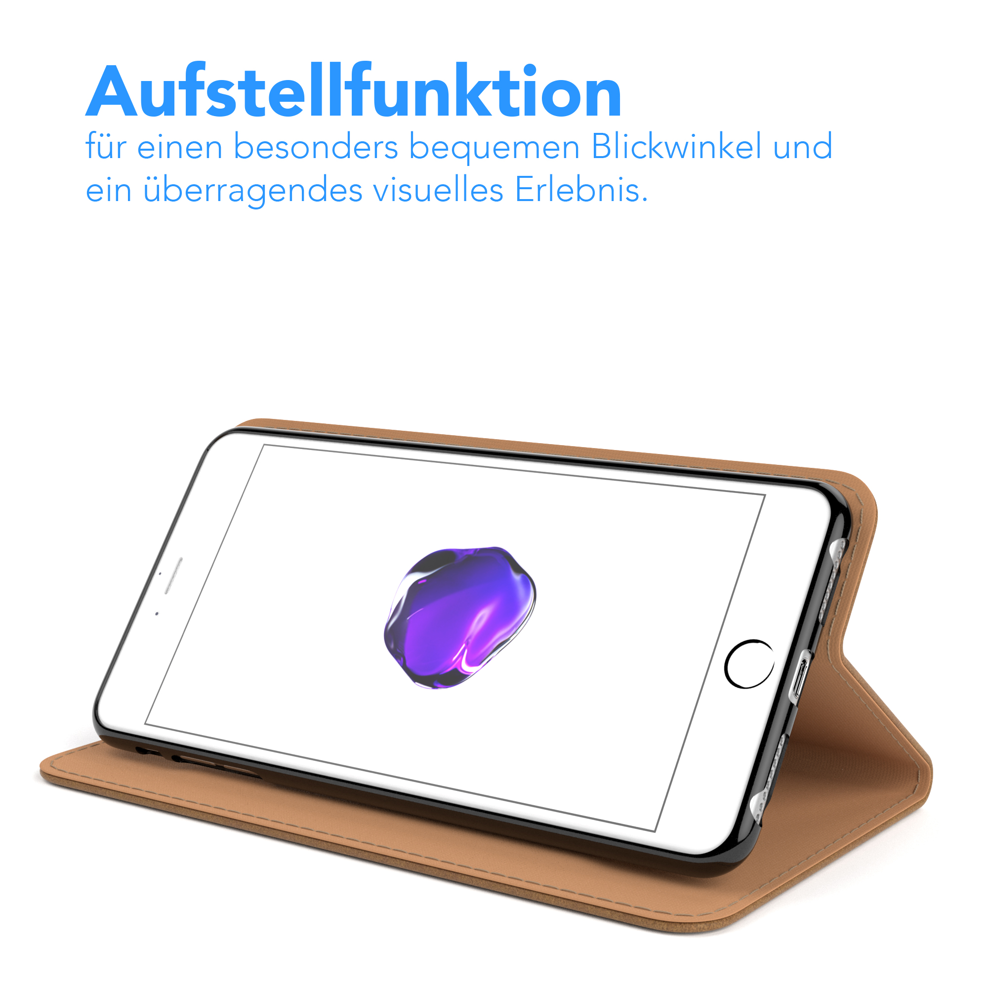 Telefon in brauner Hülle, geöffnet. Bildschirm zeigt ein violettes Bild.