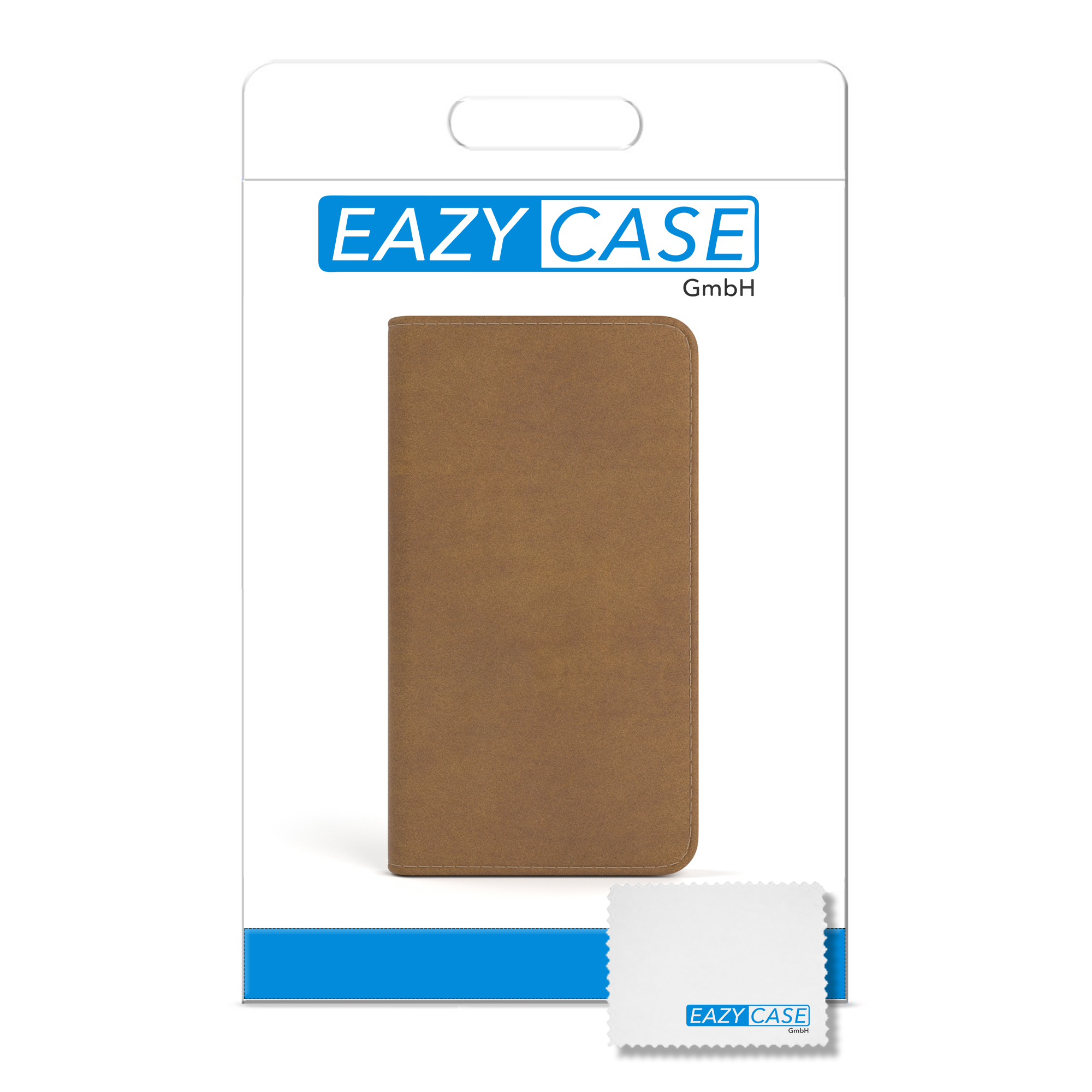 Eine braune Handyhülle in ihrer Verpackung. Darunter ein kleines weißes Tuch mit dem Eazy Case Logo.