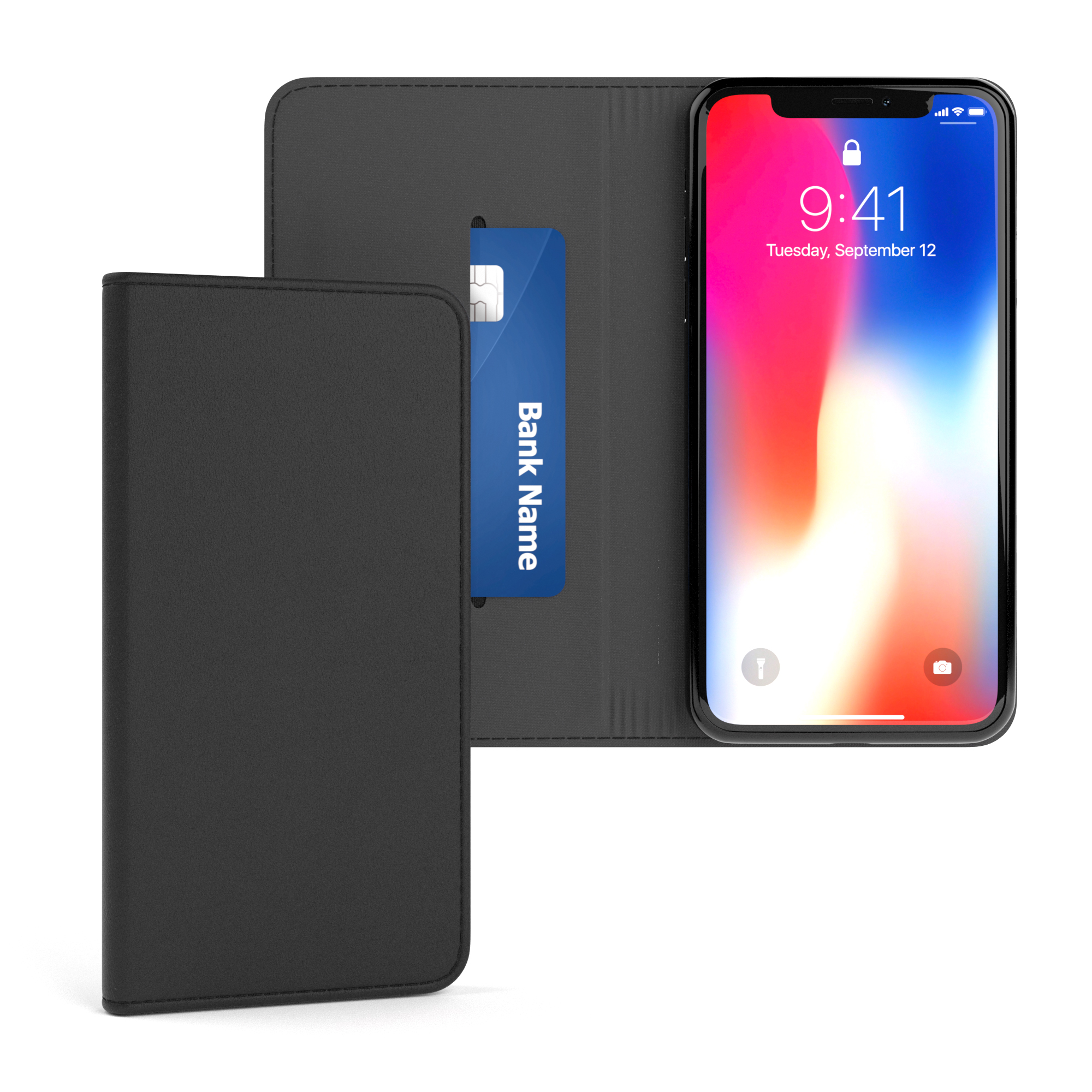 Schwarze Handyhülle mit Telefon, das Kreditkarte und Uhrzeit zeigt.