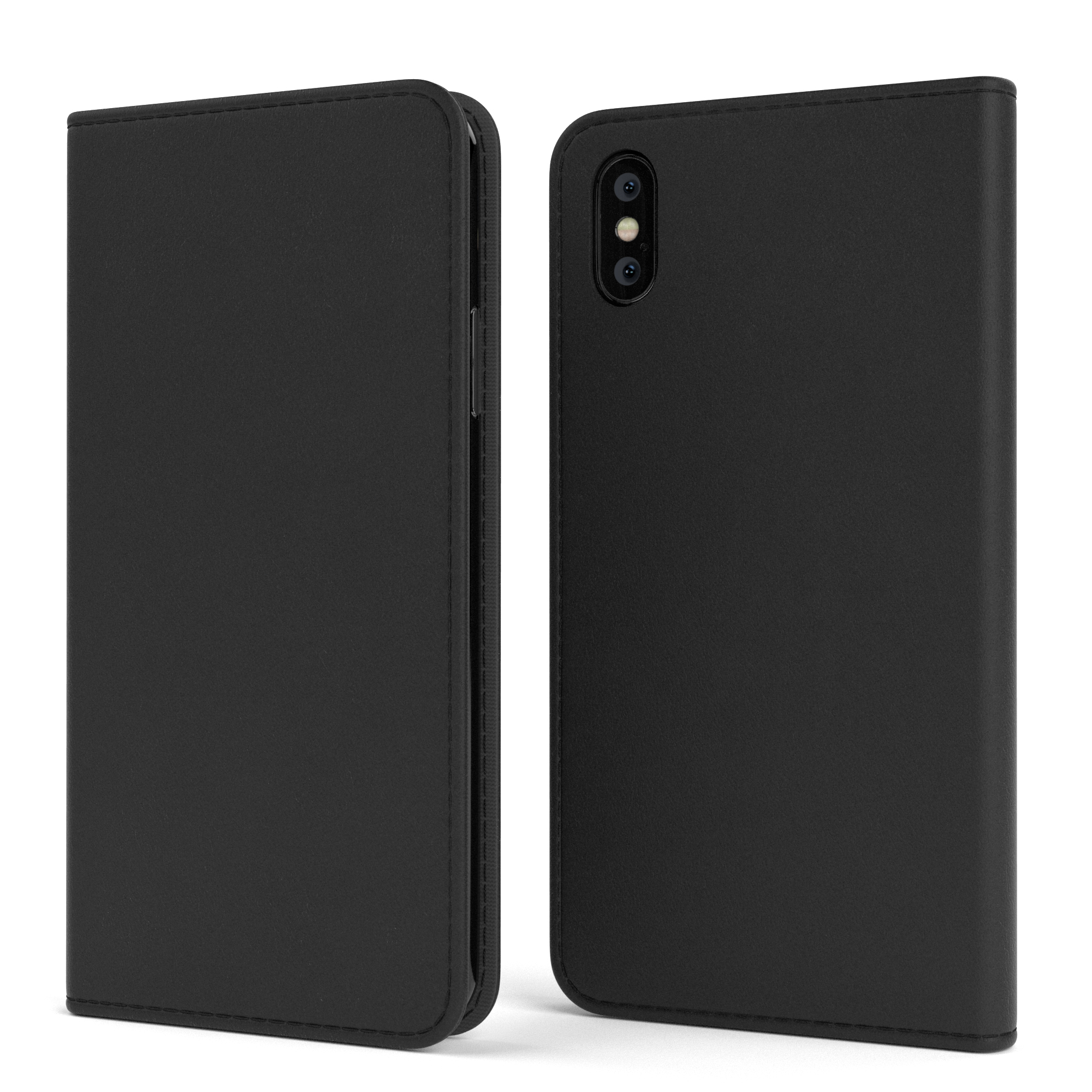 Zwei schwarze Handyhüllen, offen und geschlossen. Das Telefon ist nicht sichtbar.