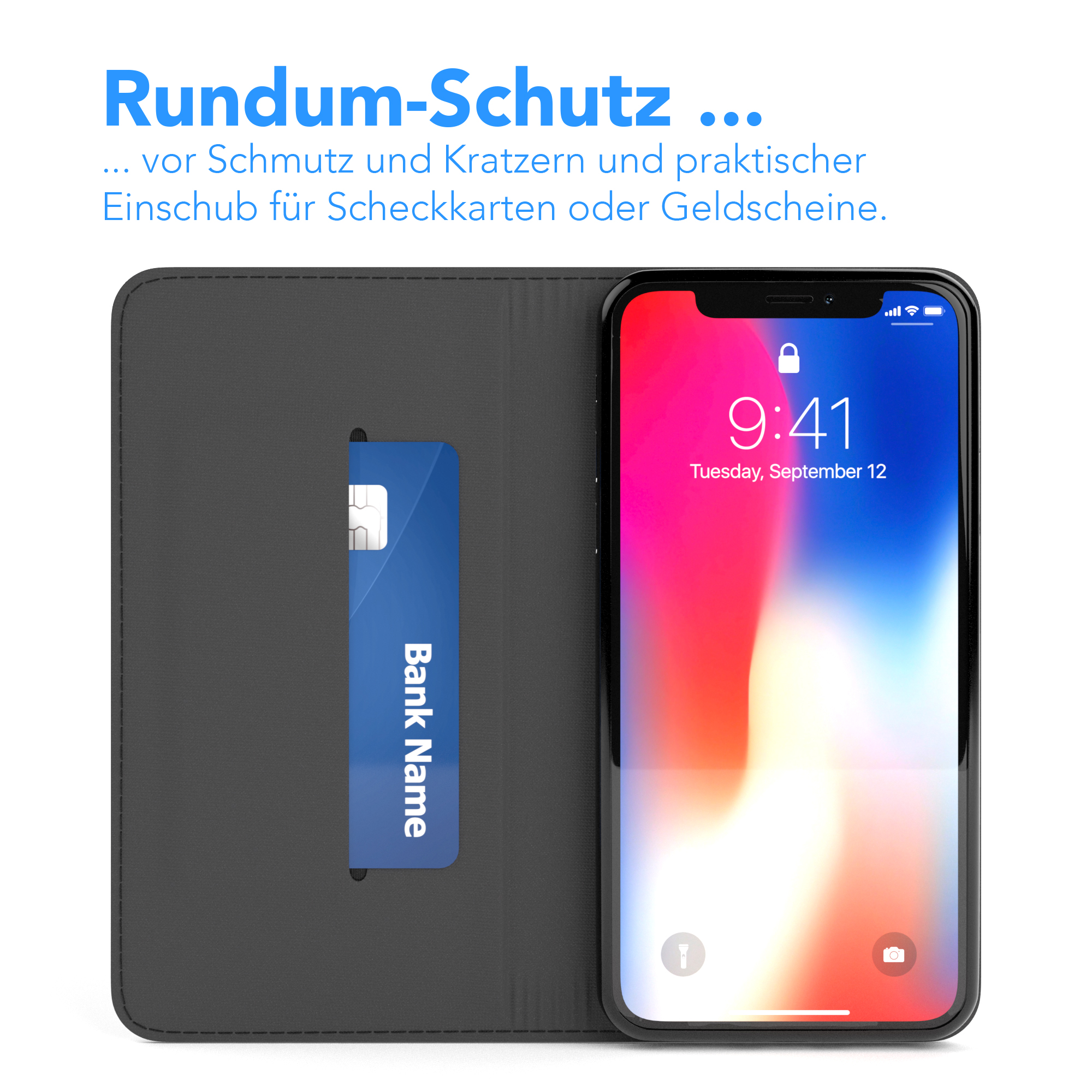 Schwarzes Handycase mit Karte. Telefon zeigt Uhrzeit und bunten Hintergrund.