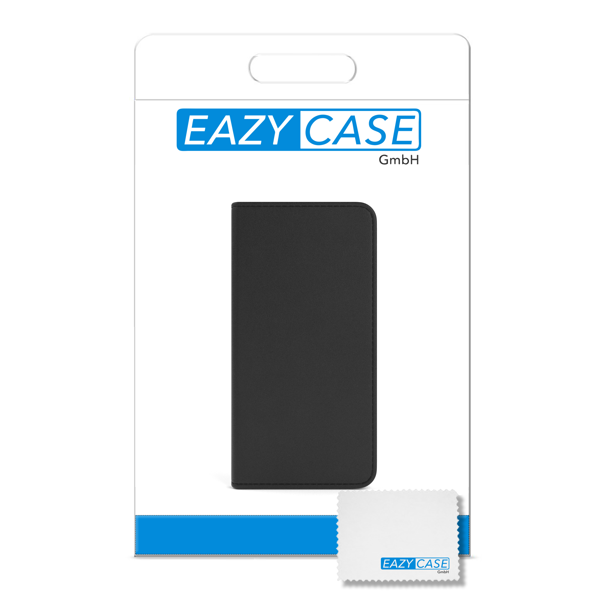 Schwarze Handyhülle in Verpackung mit Reinigungstuch. Verpackung mit Markennamen EAZY CASE.