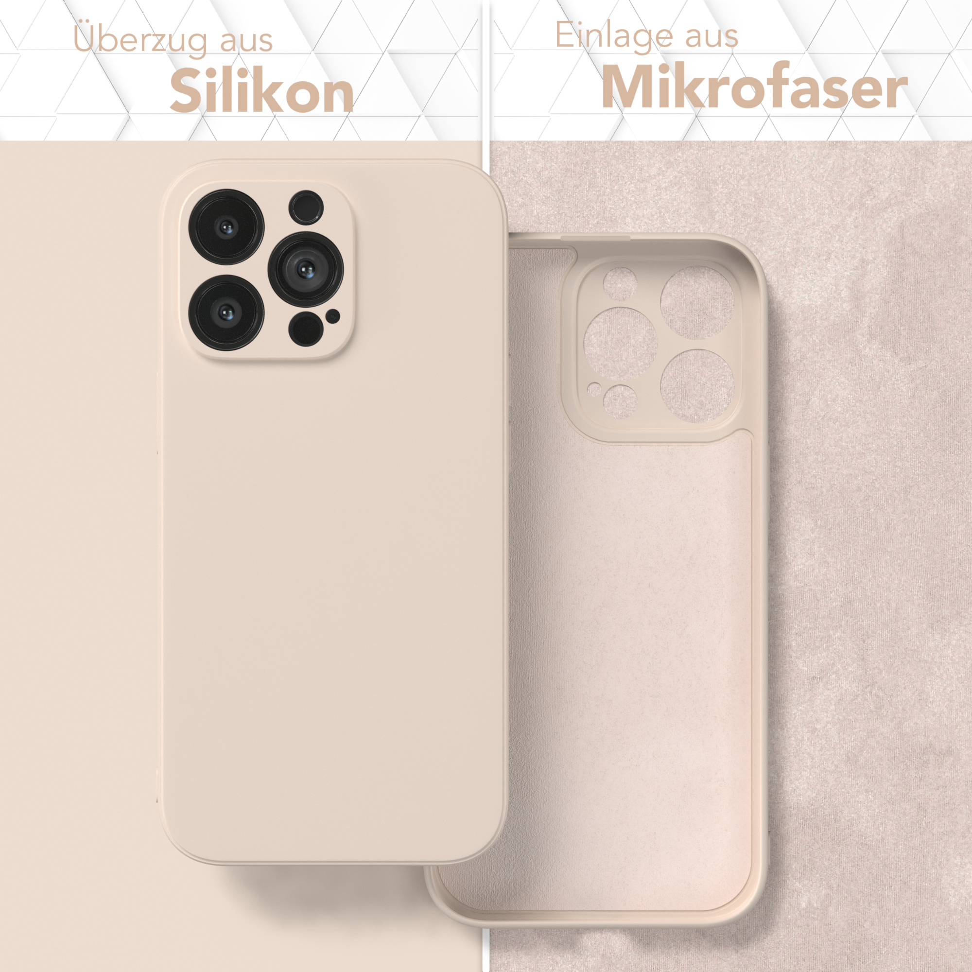 Handyhülle, beige links und beige innen rechts. Mit Text auf Deutsch.