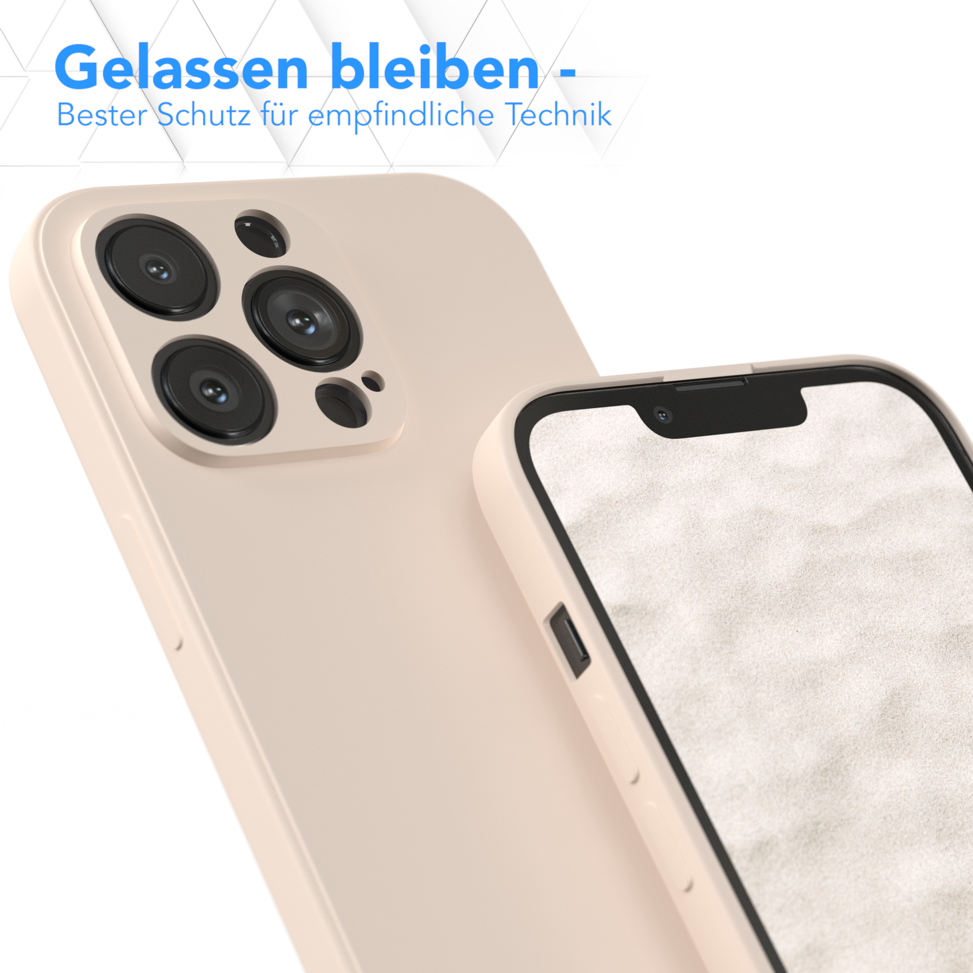 Beige Handyhülle und Telefon. Text: Bleiben Sie gelassen - Bester Schutz für empfindliche Technik.