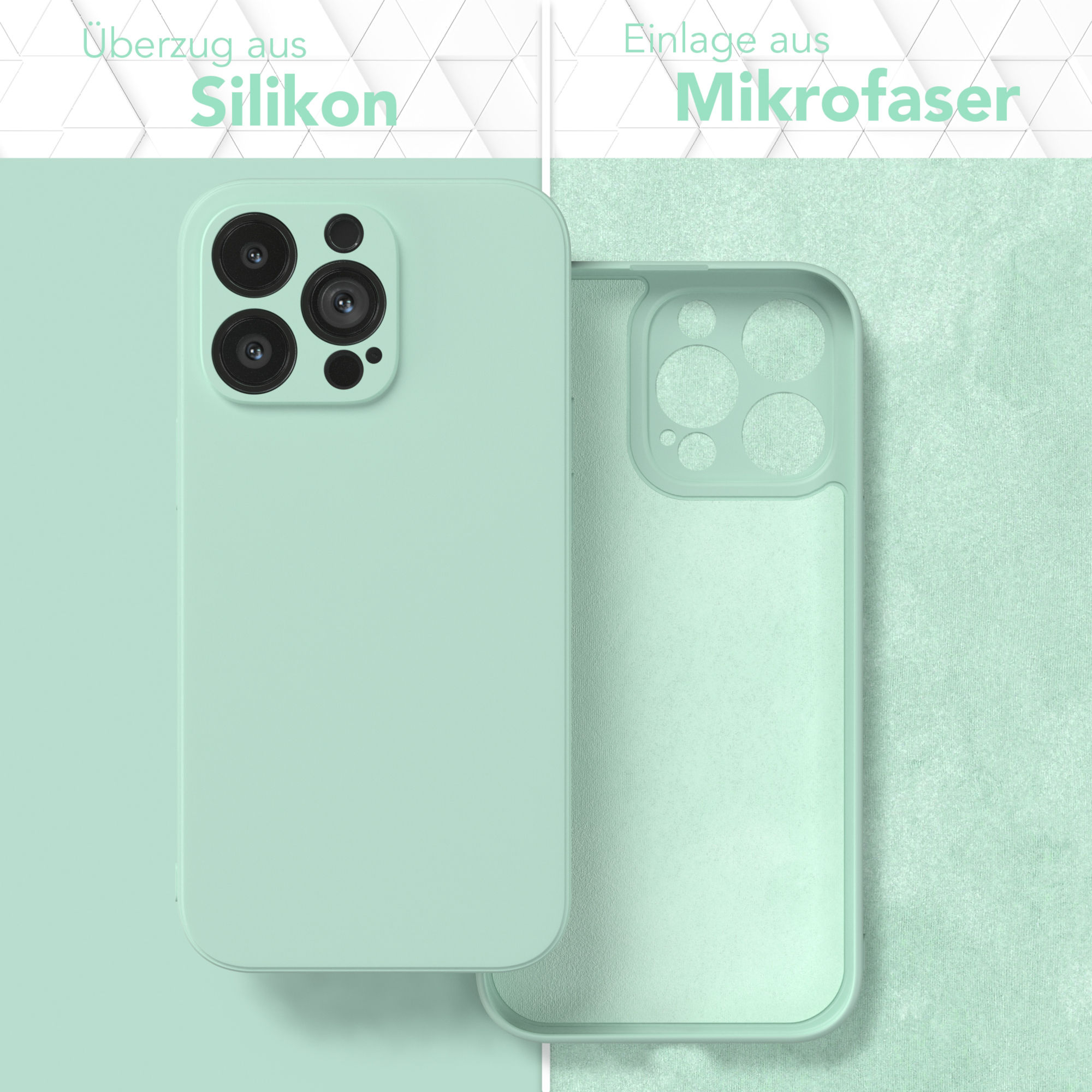 Zweiteilige Handyhülle. Eine Seite ist mintgrün, die andere transparent mit Mikrofaser.