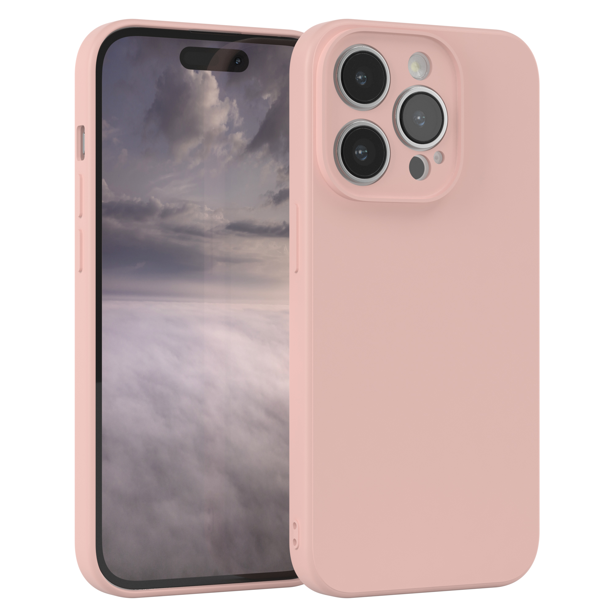 Rosa Handyhülle mit einem Handy. Die Hülle hat drei Kameras. Weißer Hintergrund.