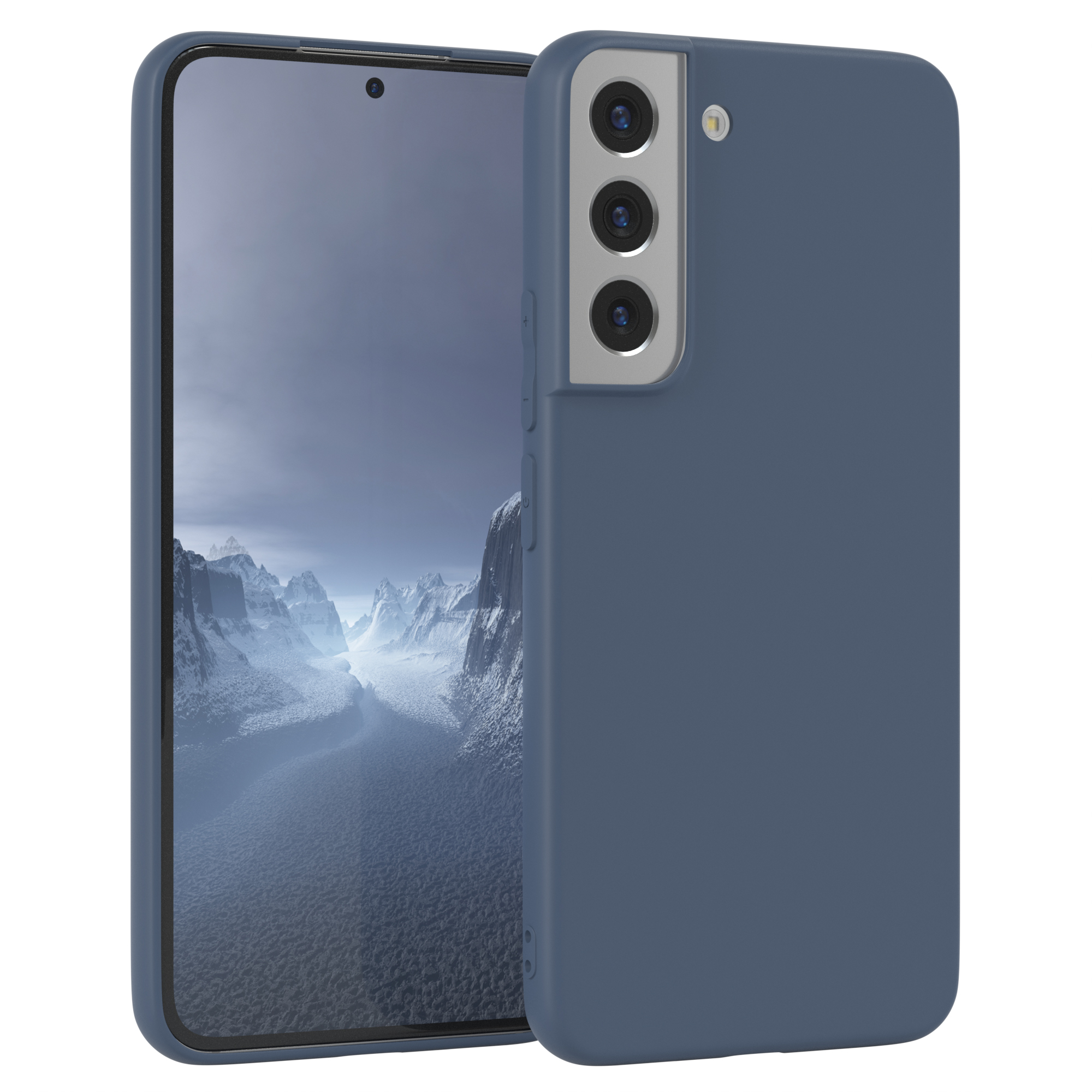 Blaue Handyhülle mit Handy, Bergpanorama im Hintergrund.